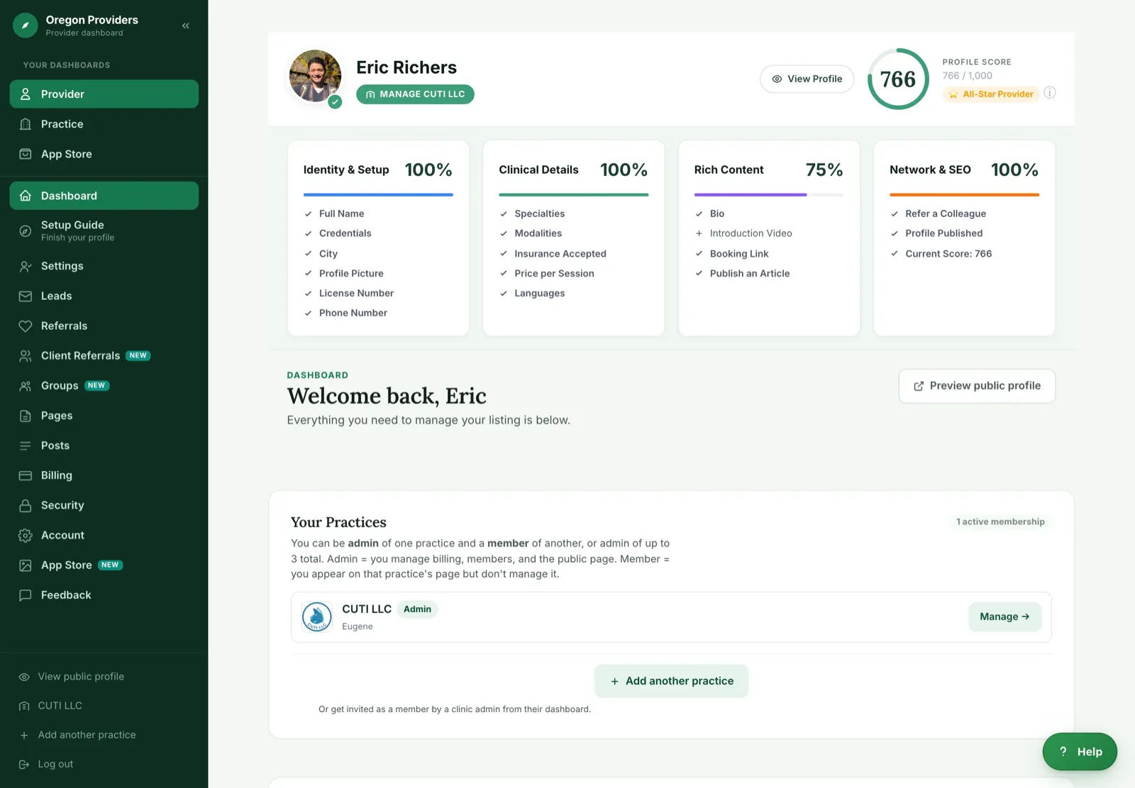 Provider dashboard home with a profile score of 766 out of 1,000 and four completeness cards