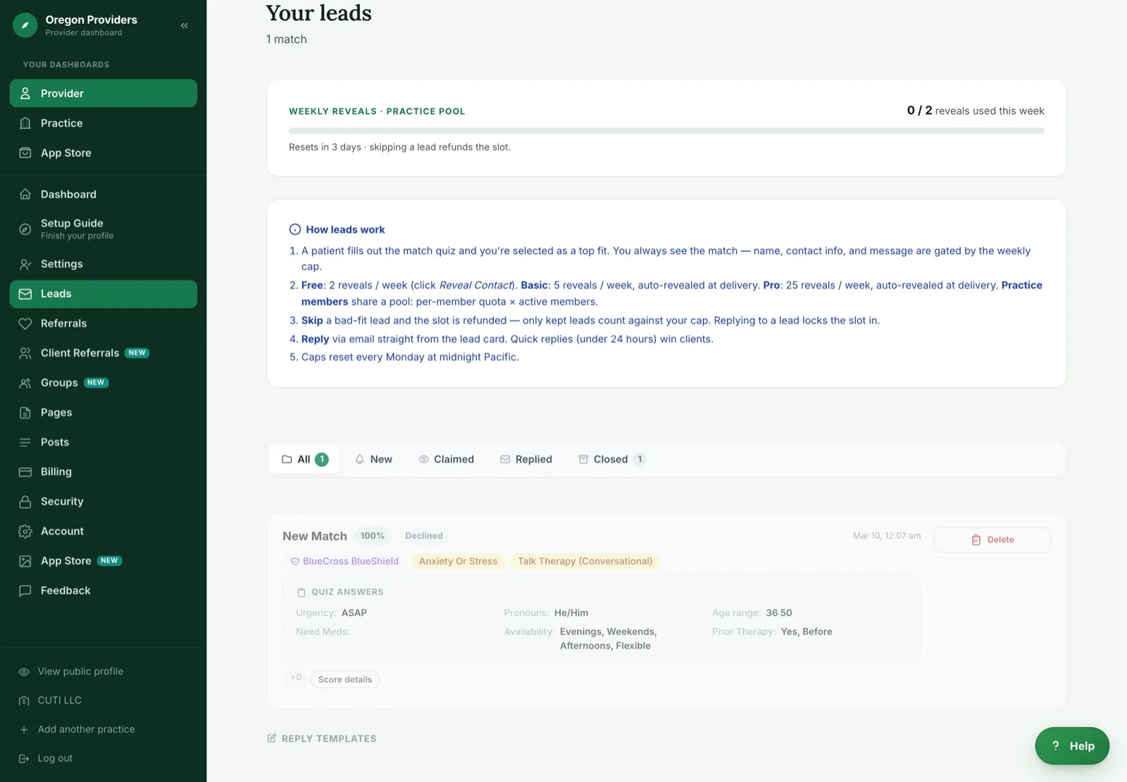 Leads inbox showing a new match with the client's quiz answers