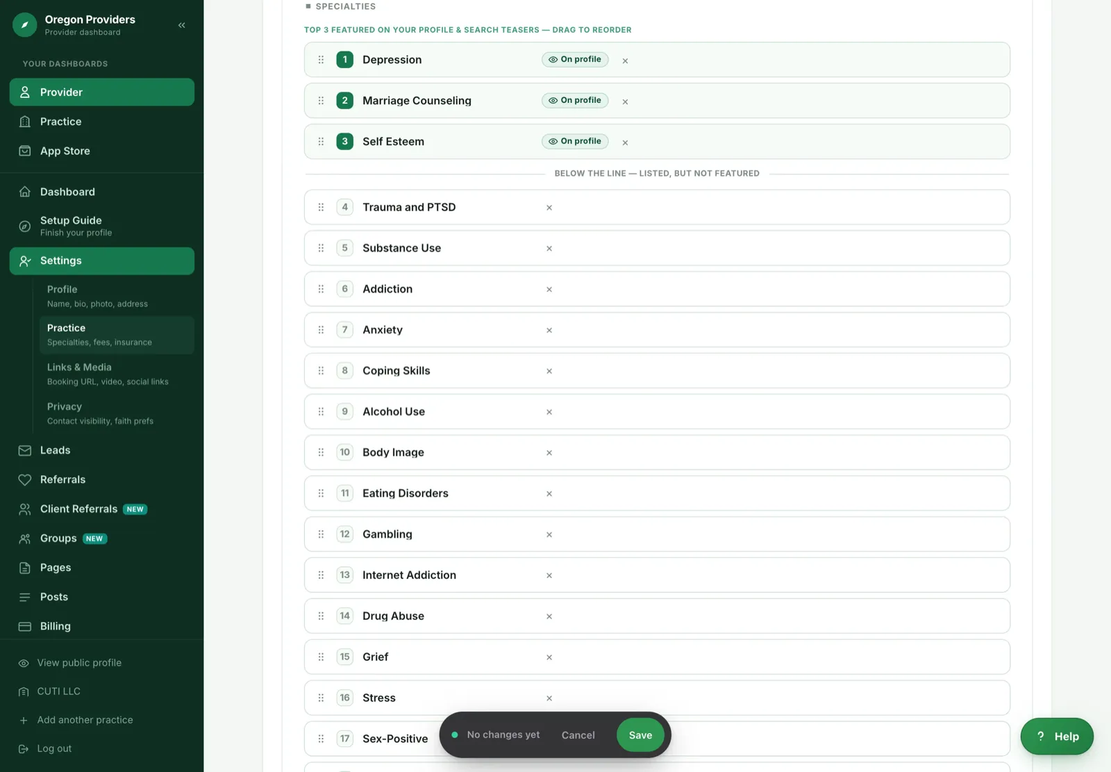 Specialties editor: a numbered drag-to-reorder list with the first three marked as featured on the profile