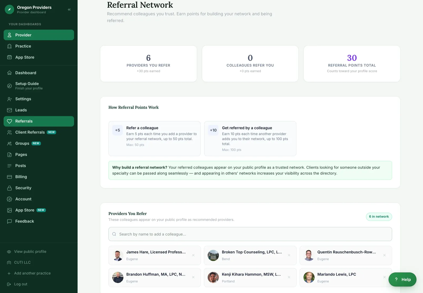 Referral network page with colleagues you refer and points earned