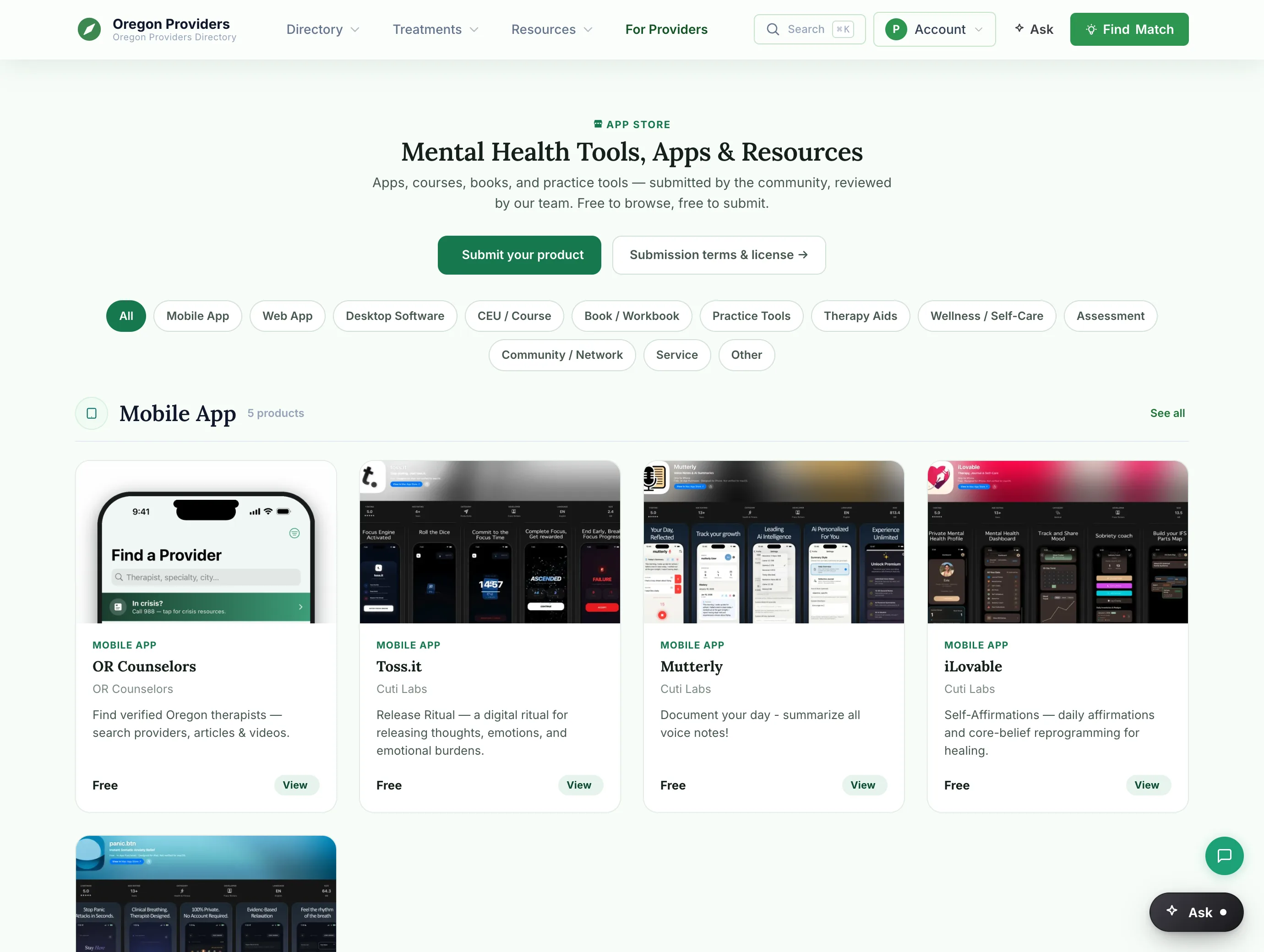 The App Store storefront showing a grid of provider-built mental health apps with icons, names, and descriptions