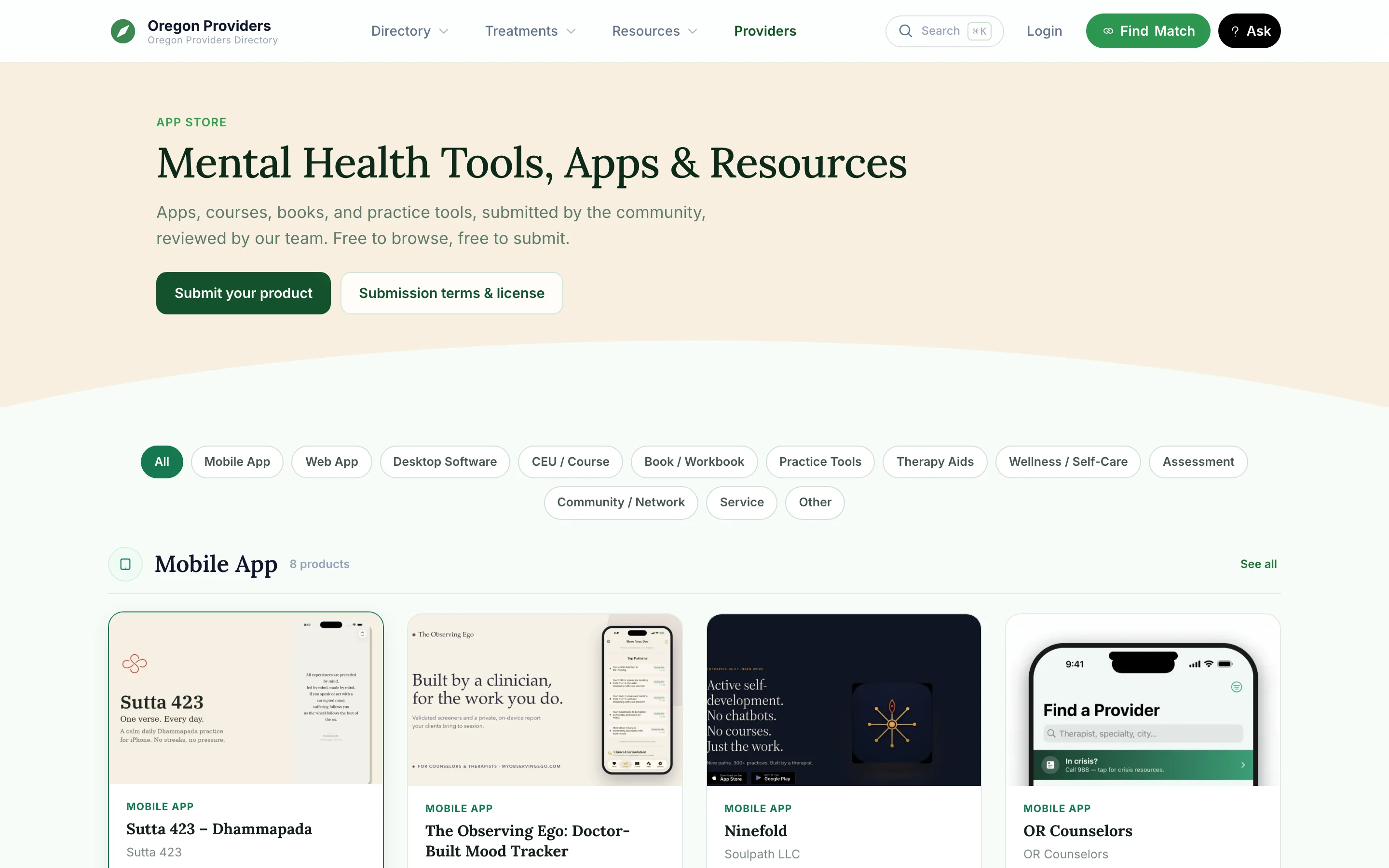 The Mental Health Store with category chips and a row of mobile app cards