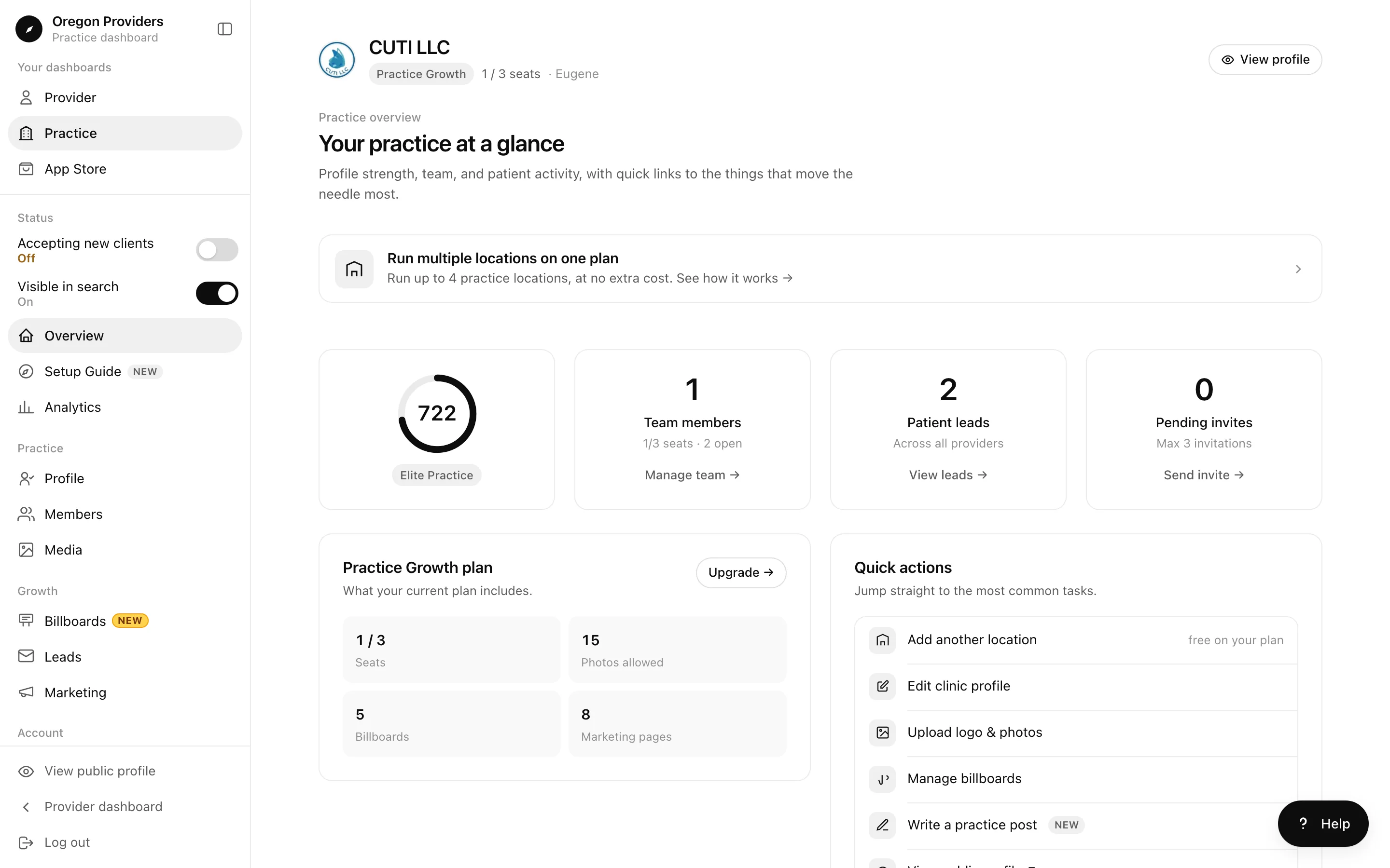 Practice overview with the profile score, team members, patient leads, pending invites, plan limits, and quick actions