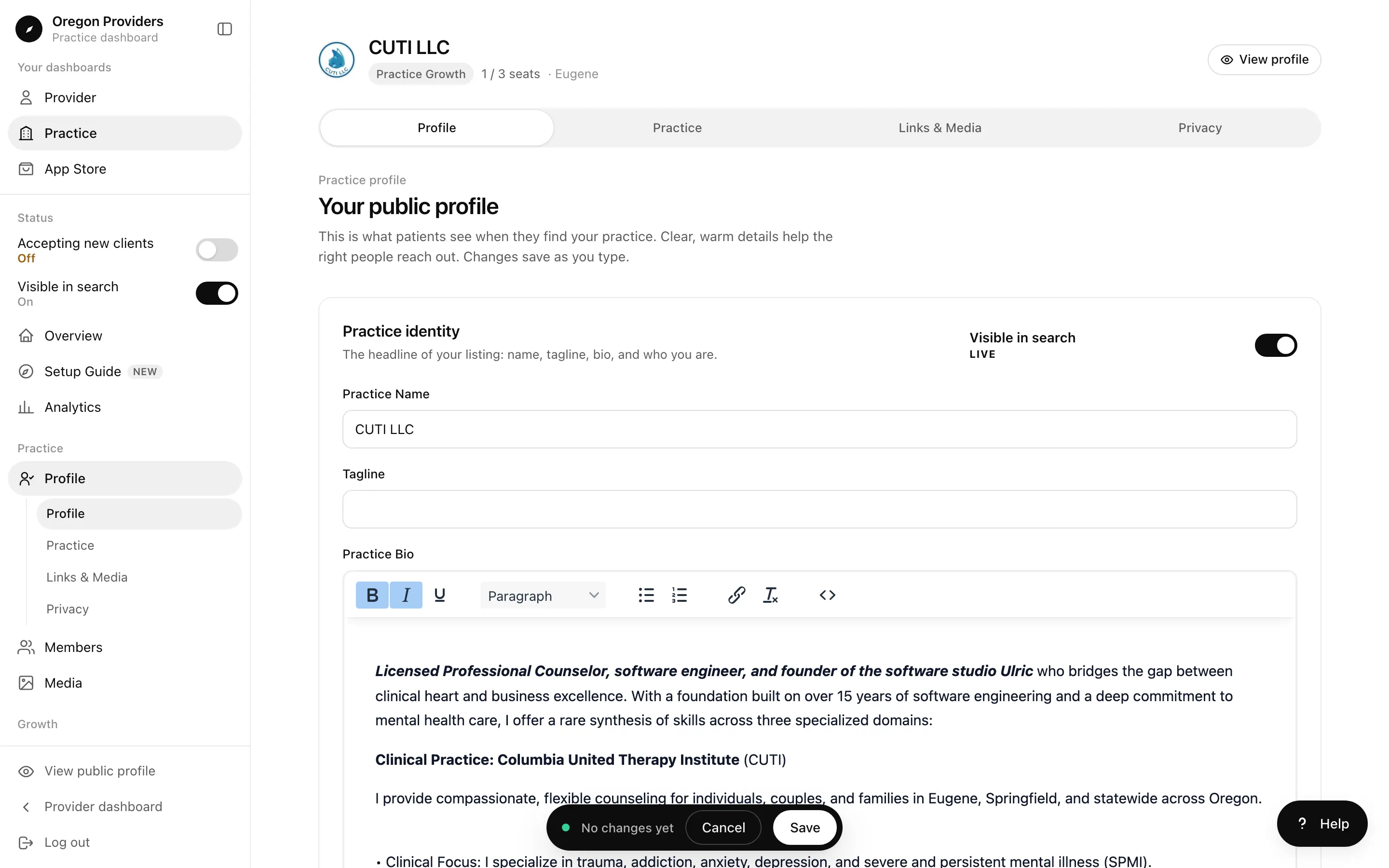 Practice profile editor with the Visible in search switch and fields for the practice name, tagline, and bio