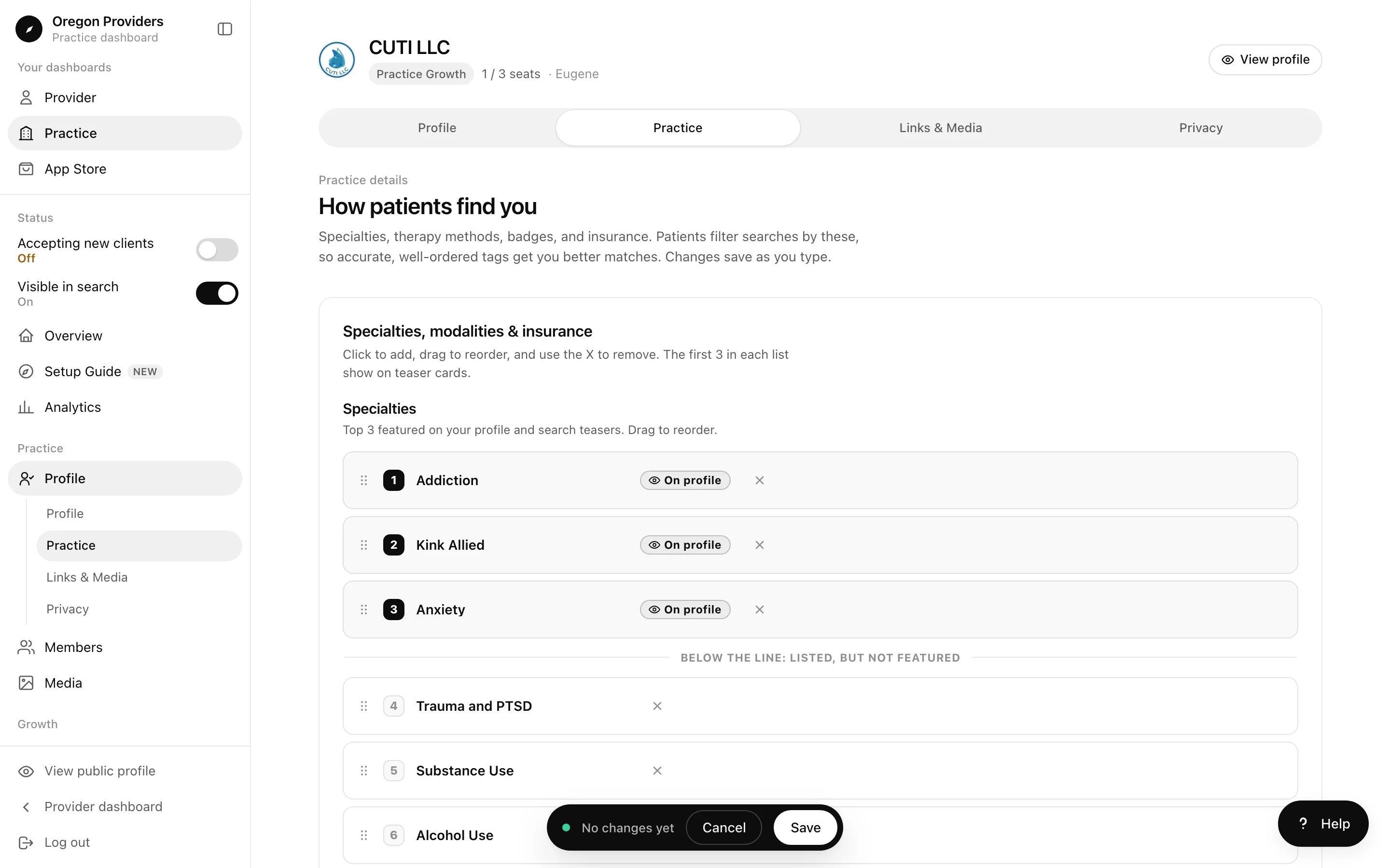 Practice specialties editor with the first three marked On profile