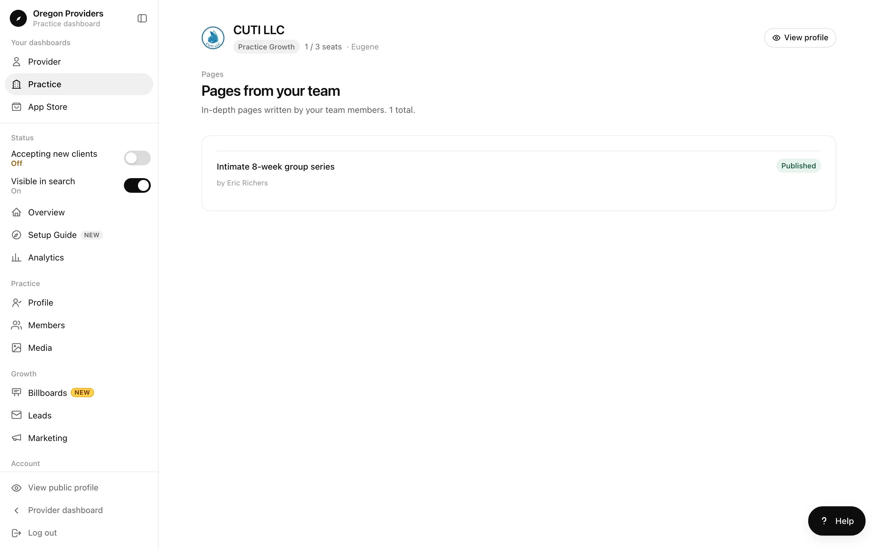 Pages from your team, listing a published page written by a member