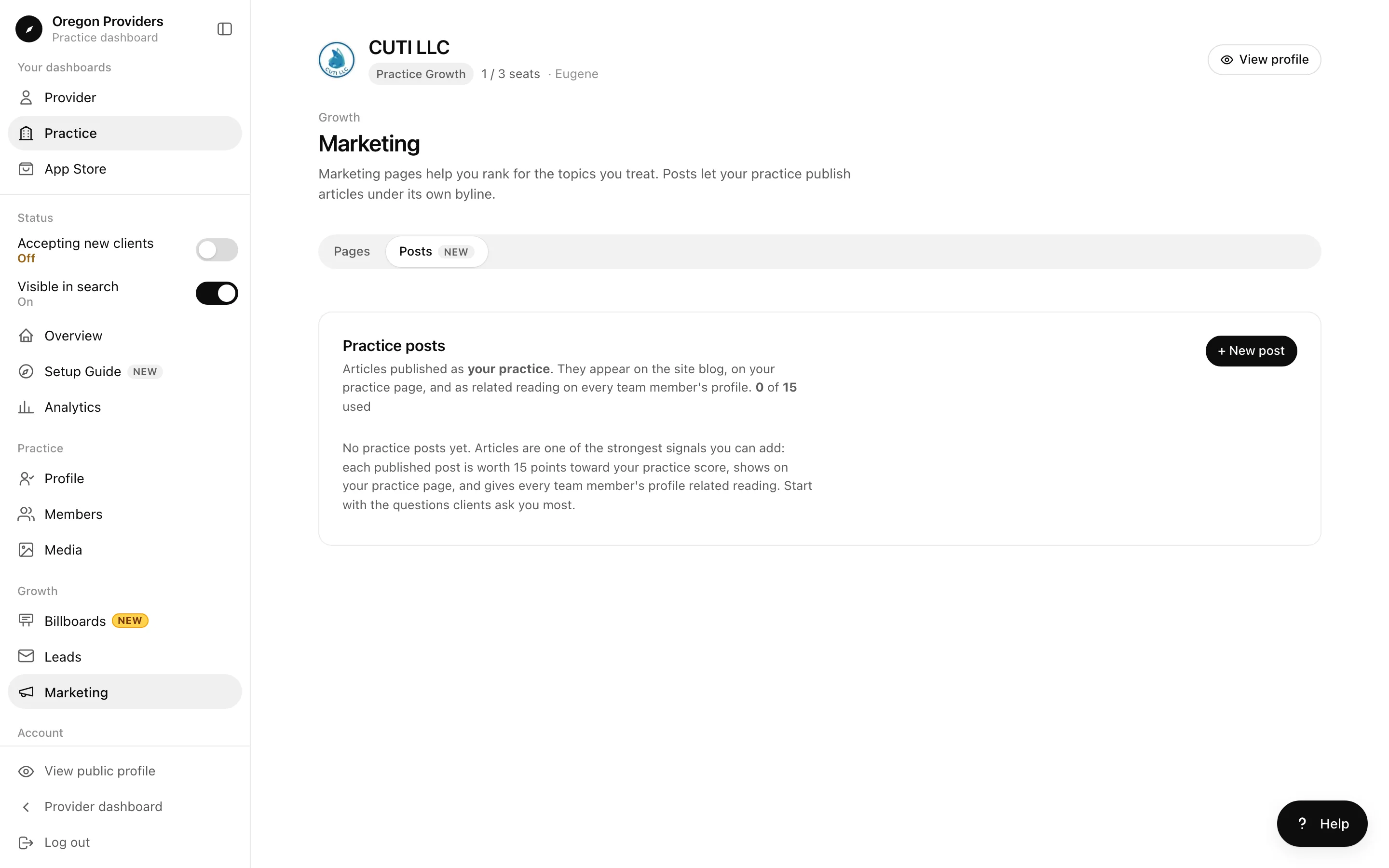 Practice posts screen with a New post button and a note on where practice articles appear