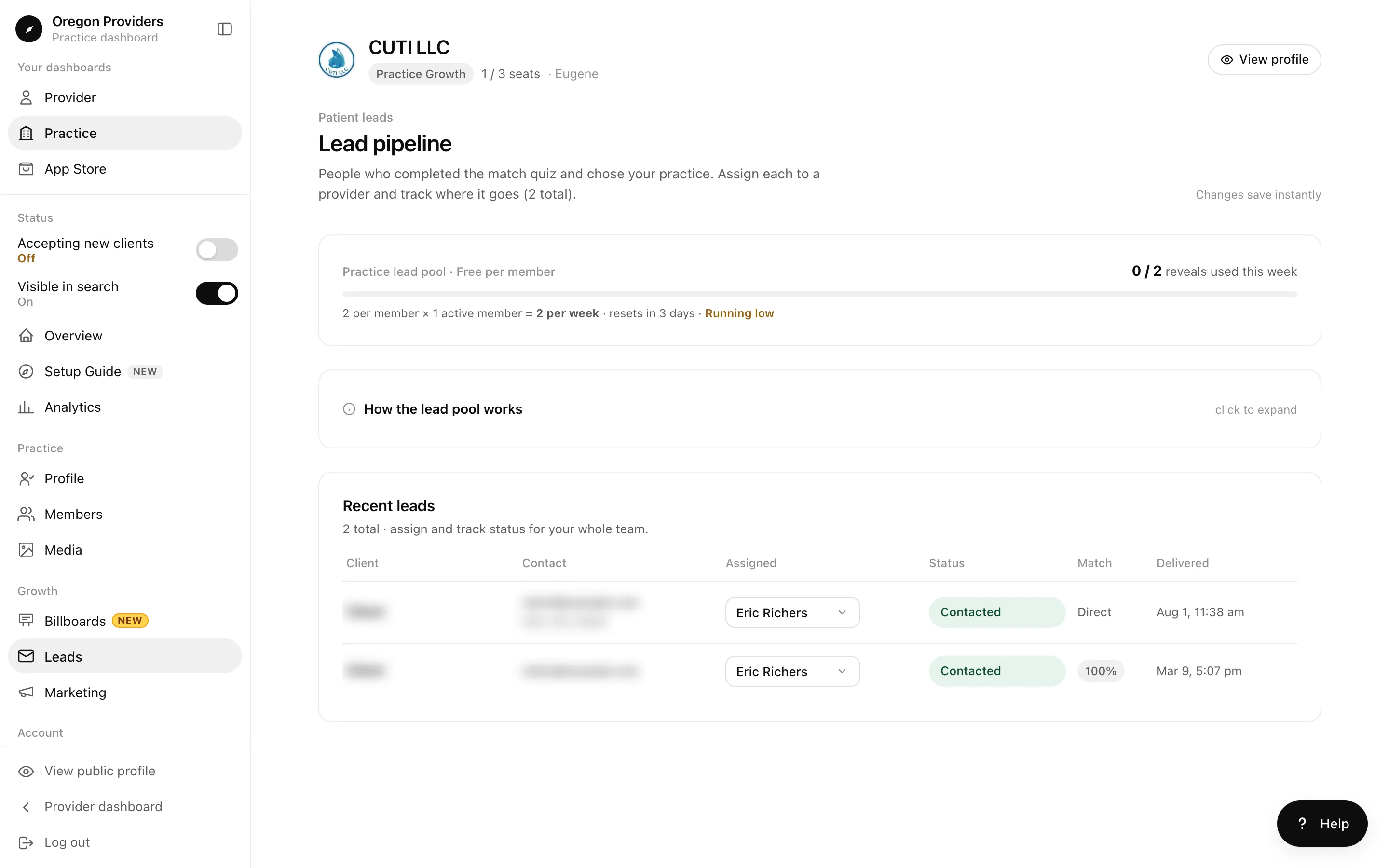 Lead pipeline with the weekly reveal pool and recent leads; client names and contact details are blurred
