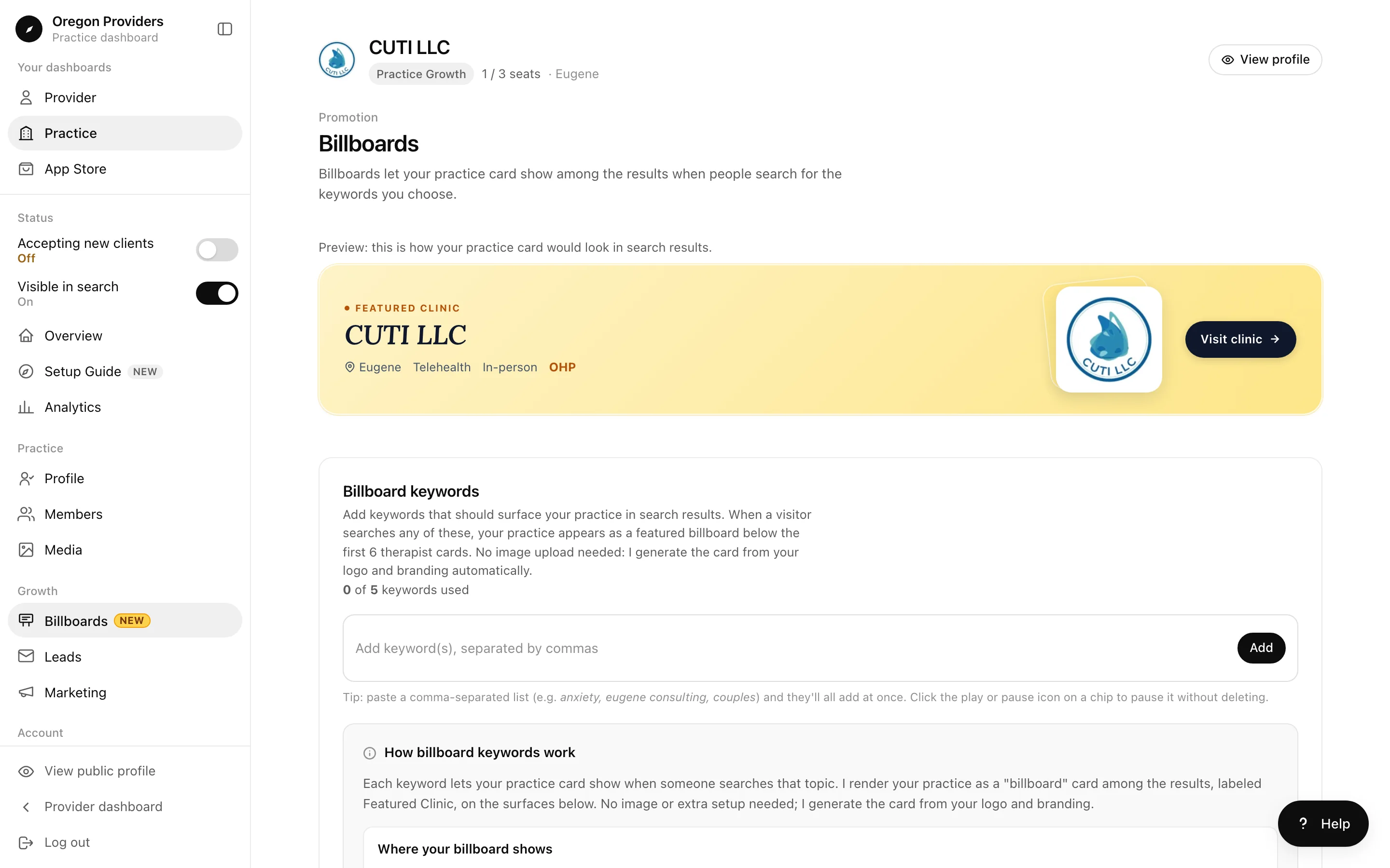 Practice billboards screen with a Featured Clinic card preview and a keyword field