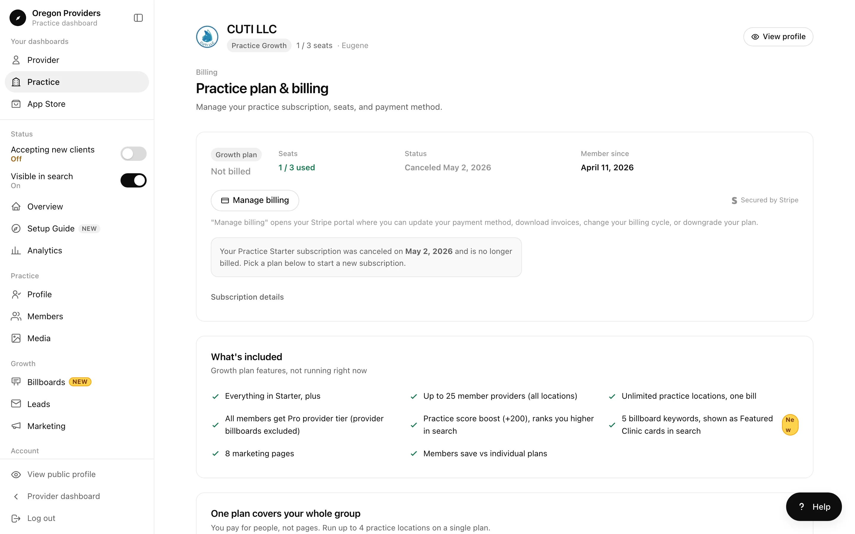 Practice plan and billing screen with seats used, a Manage billing button, and what the plan includes