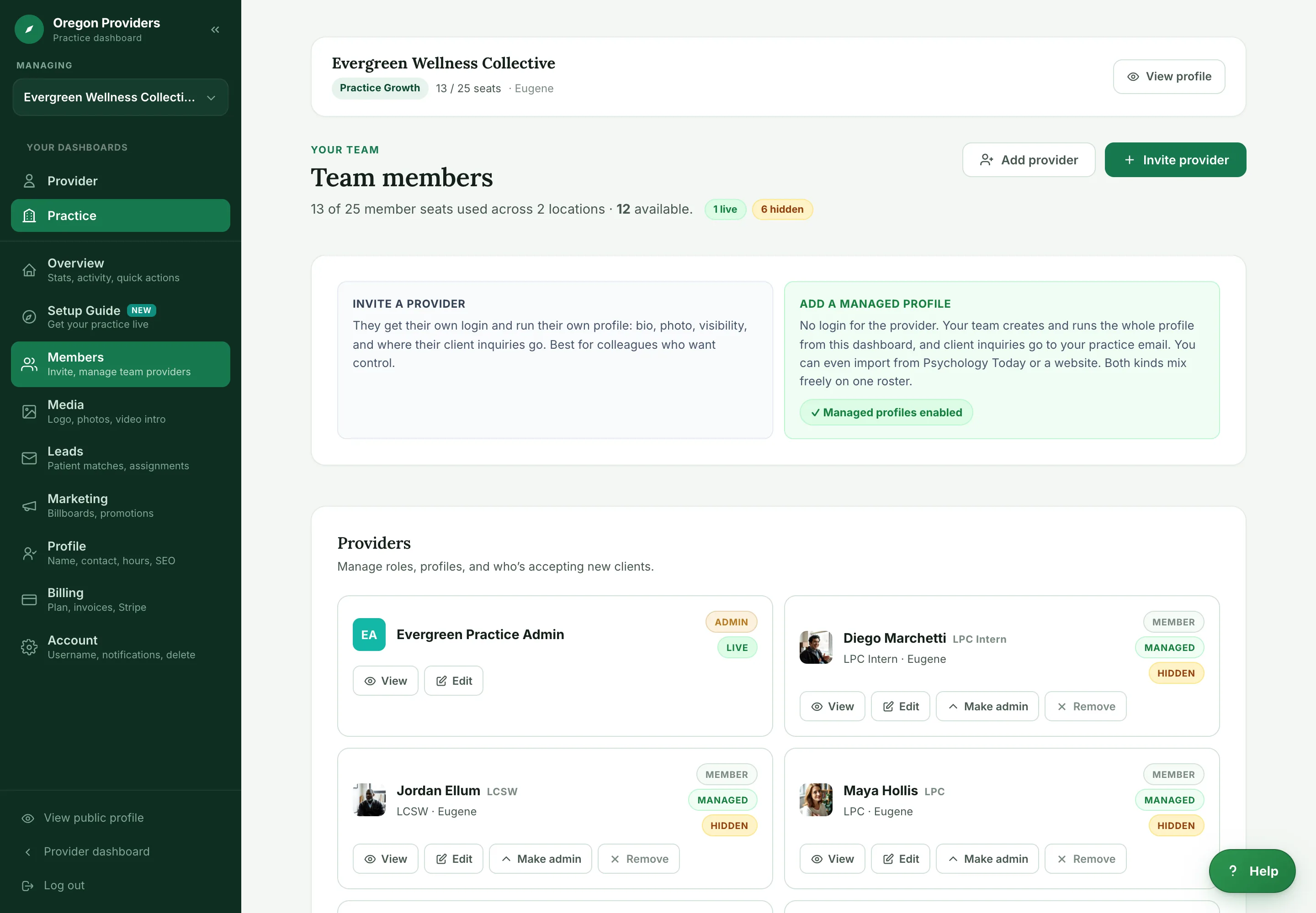 Members page with live and hidden count pills, side-by-side cards explaining invited versus managed providers, and a roster of provider cards labeled Managed and Hidden