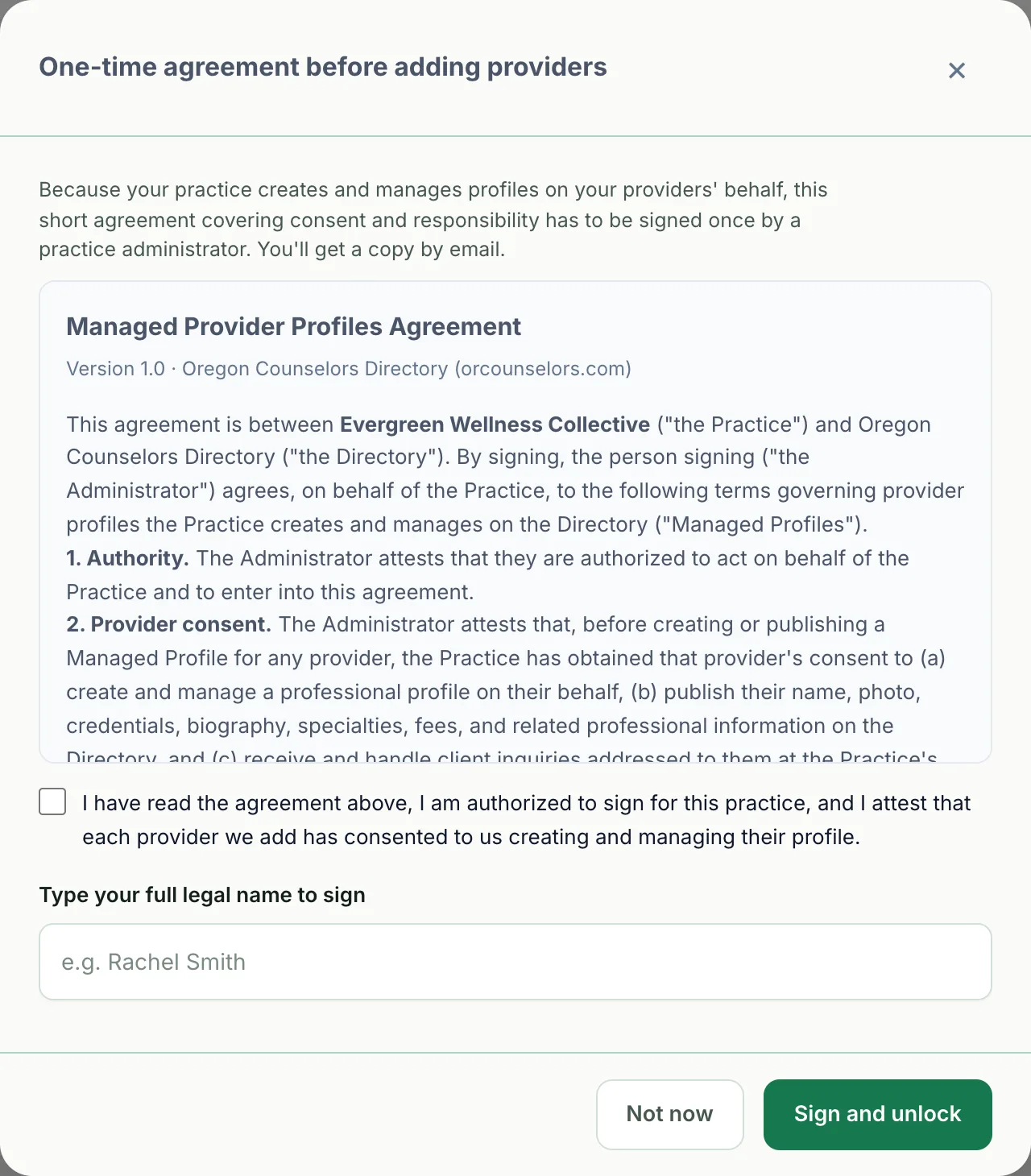 One-time managed profiles agreement modal with a scrollable agreement text, consent attestation checkbox, and a typed signature field