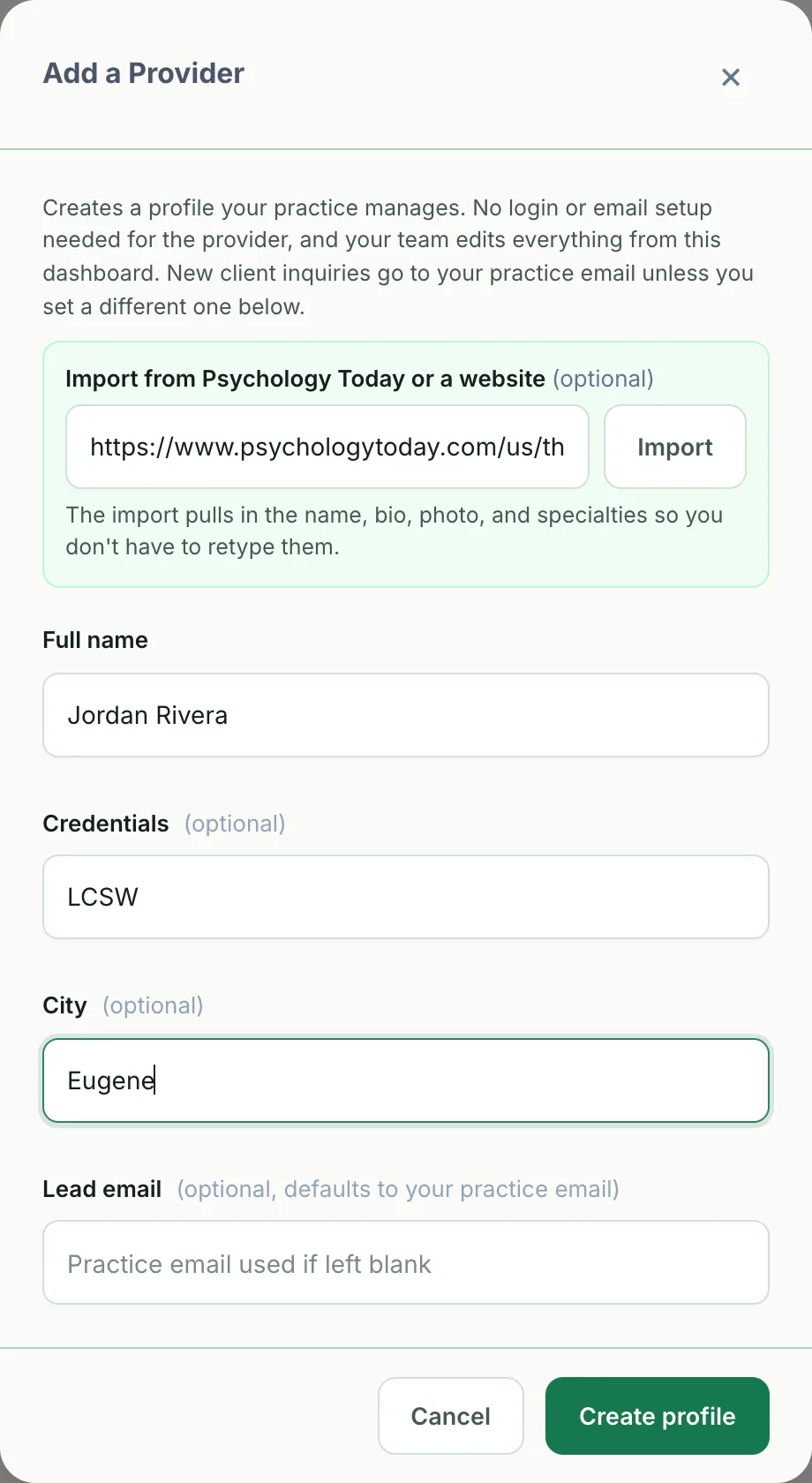 Add a Provider modal with an import-from-URL field at the top and name, credentials, city, and lead email fields below