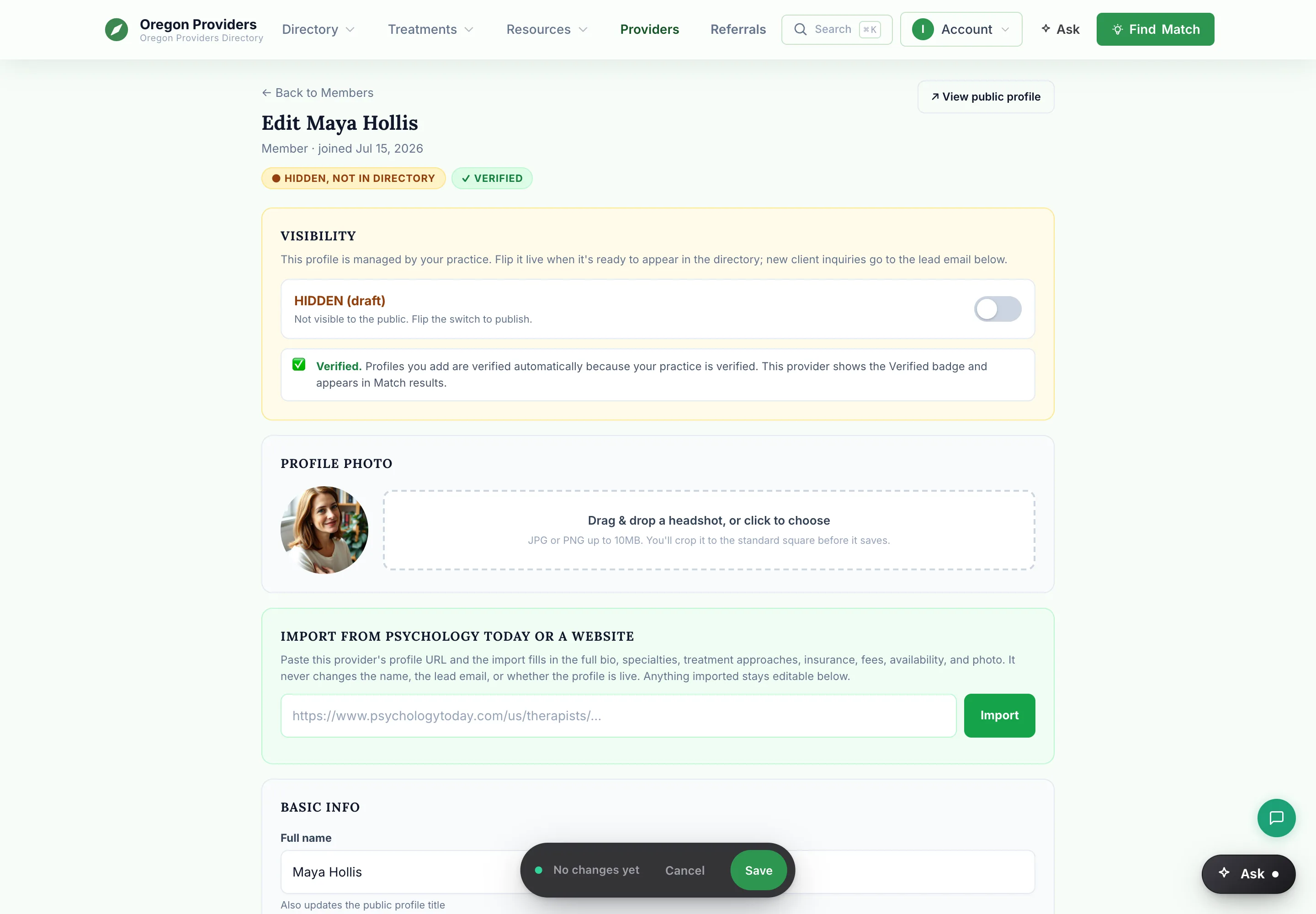Managed profile editor showing hidden and verified status pills, a visibility switch, a drag-and-drop photo uploader, and an import-from-URL card