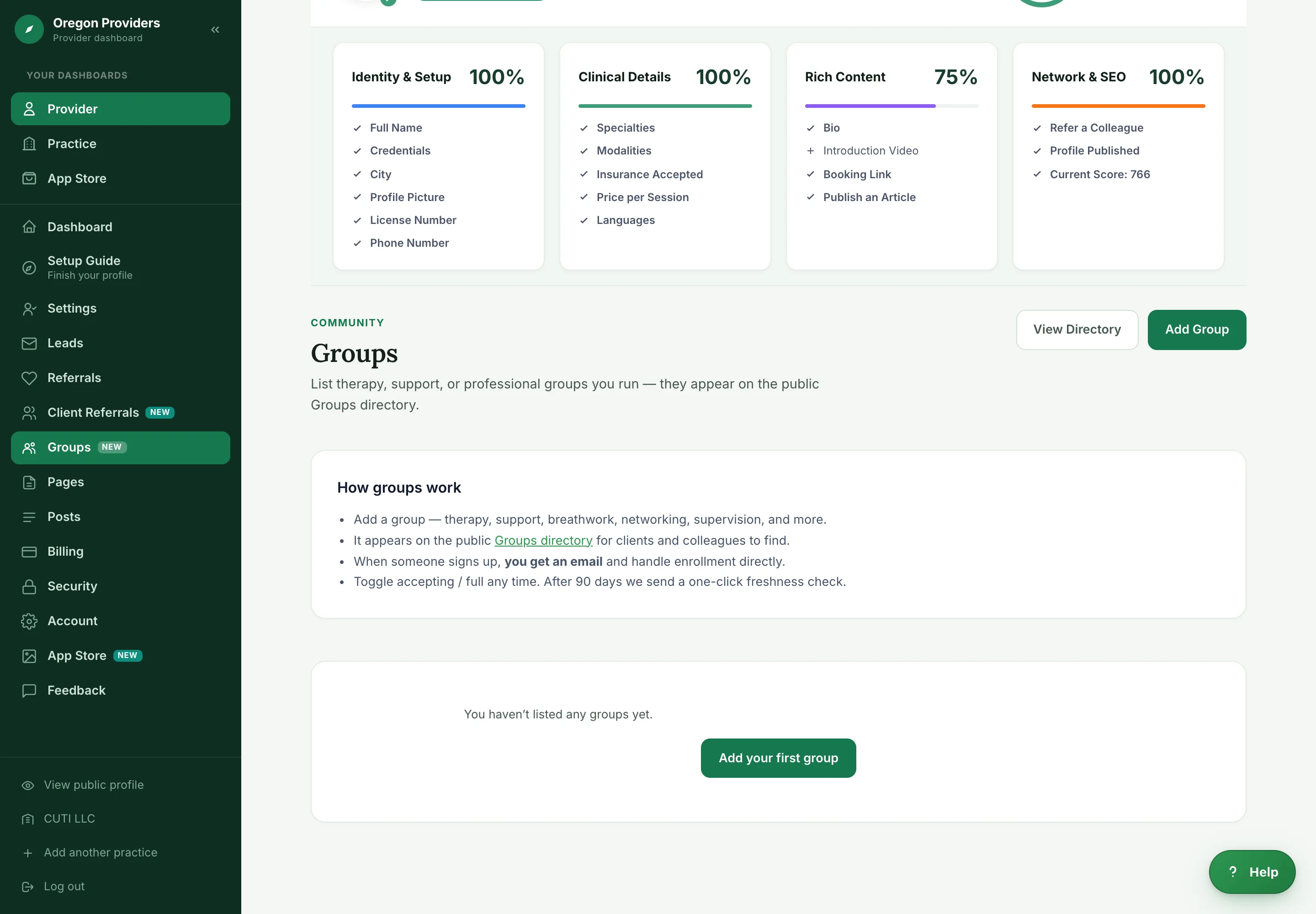 The public Groups directory showing a filterable grid of provider-run therapy and support groups