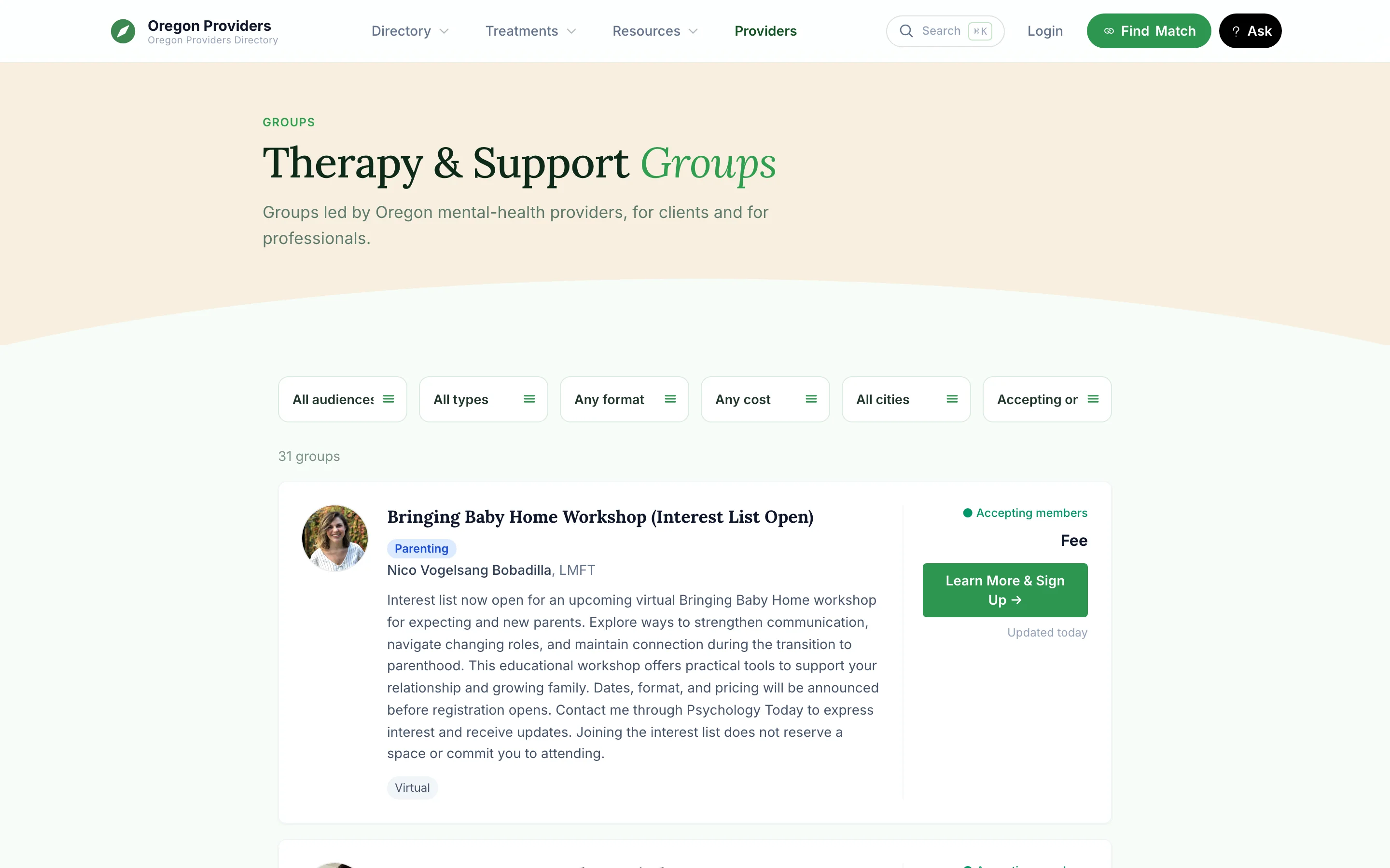 The public Groups directory with filters for audience, type, format, cost, city, and accepting status above a list of groups