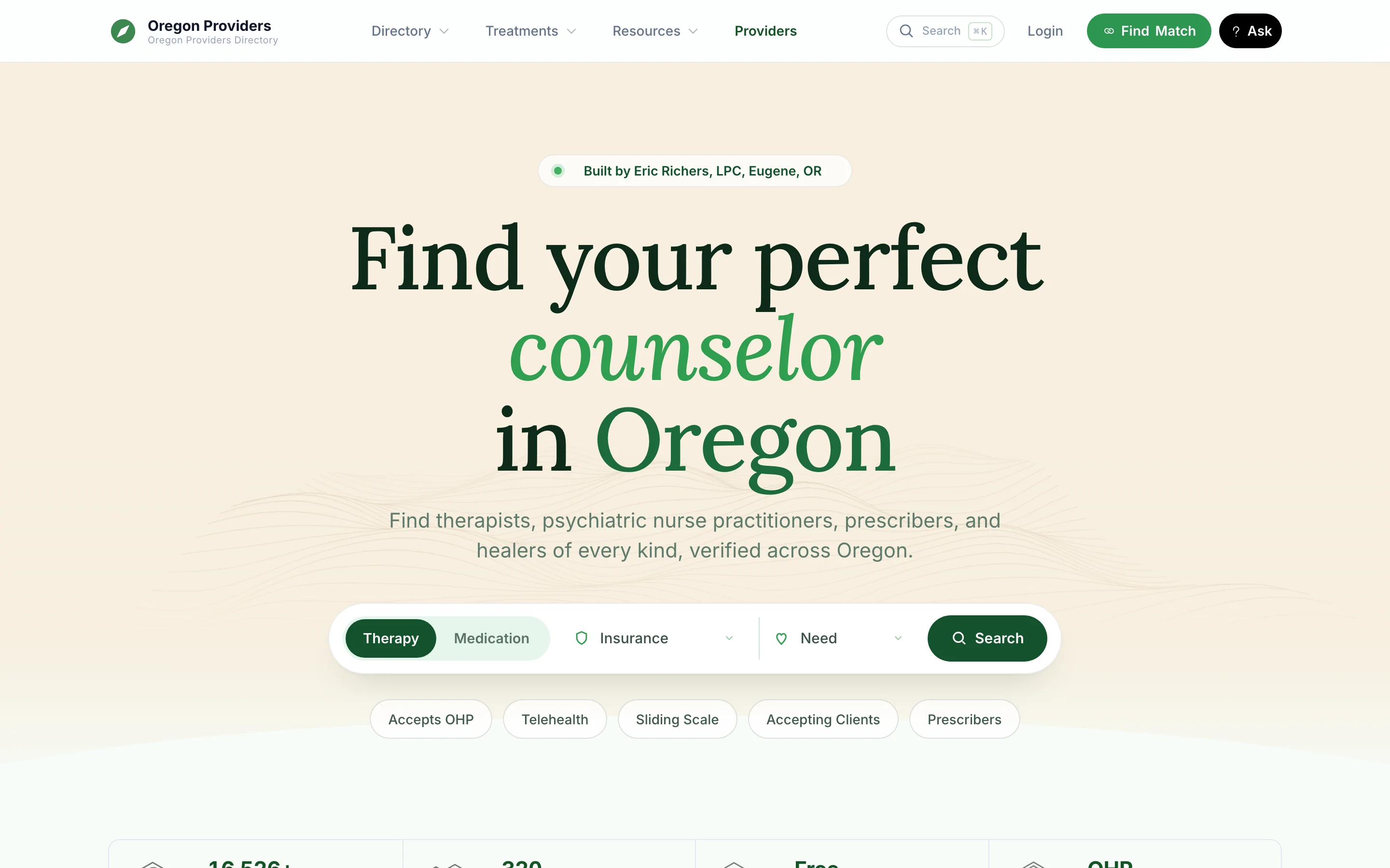 The home page search box with Therapy and Medication tabs, insurance and need menus, and quick links for OHP, telehealth, sliding scale, accepting clients, and prescribers