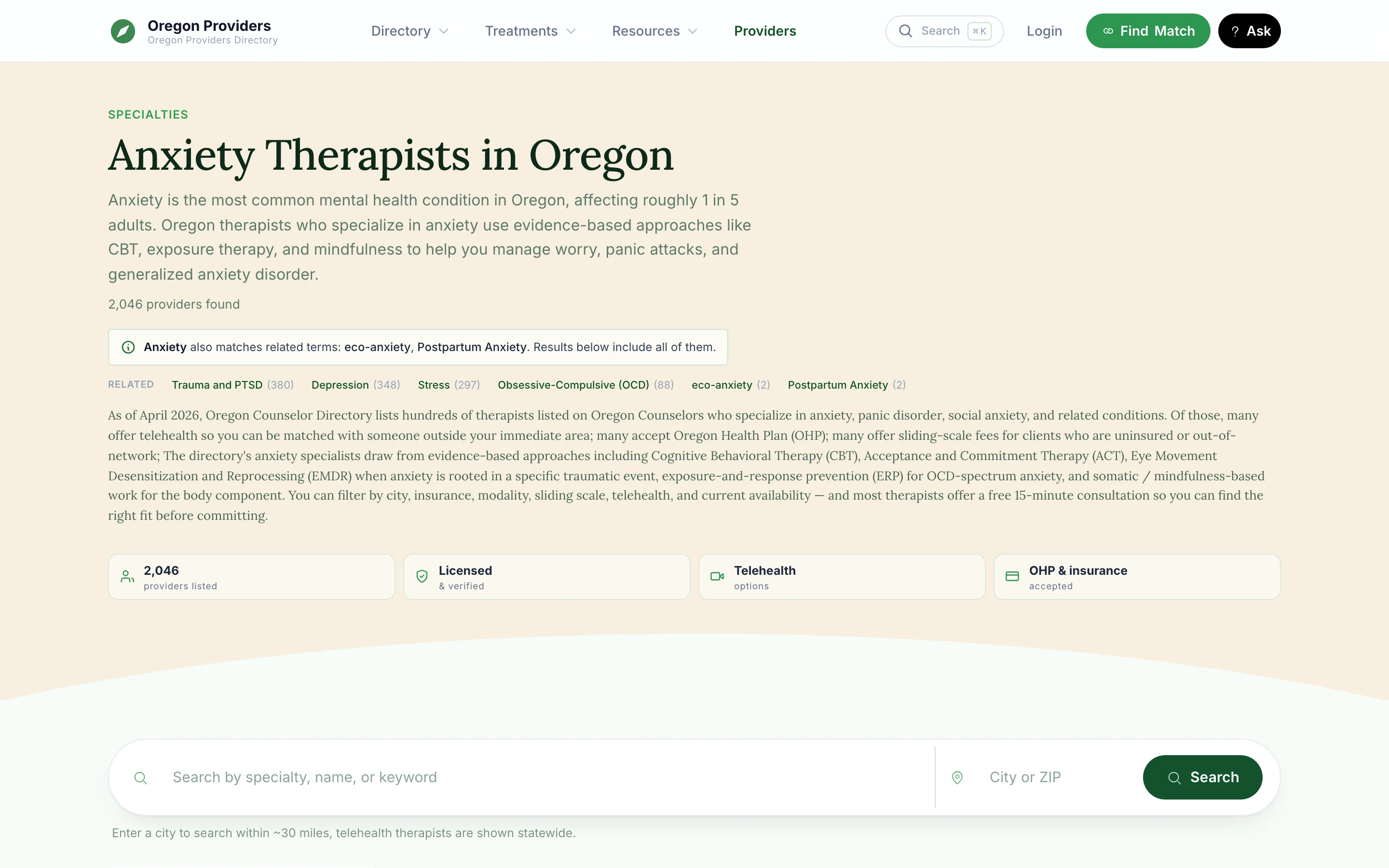 The Anxiety Therapists in Oregon topic page with a short explainer, related topics, and a search box above the list of providers