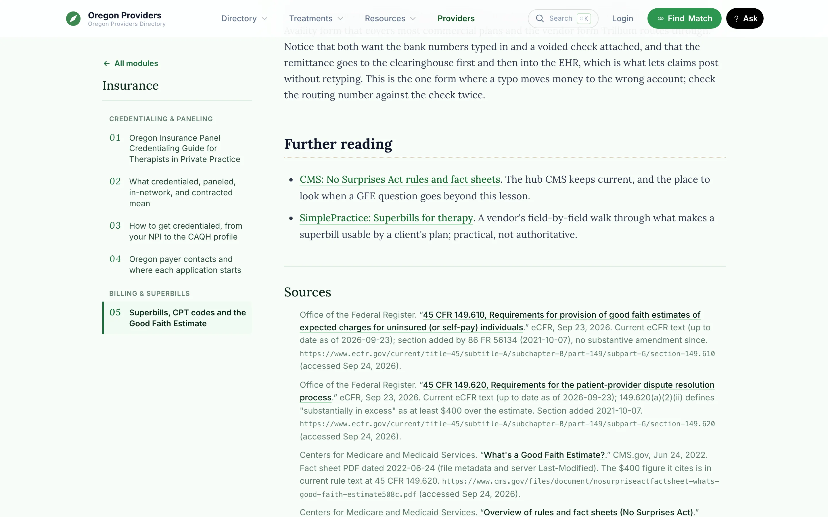 The end of a lesson on superbills with a Further reading list and a Sources list