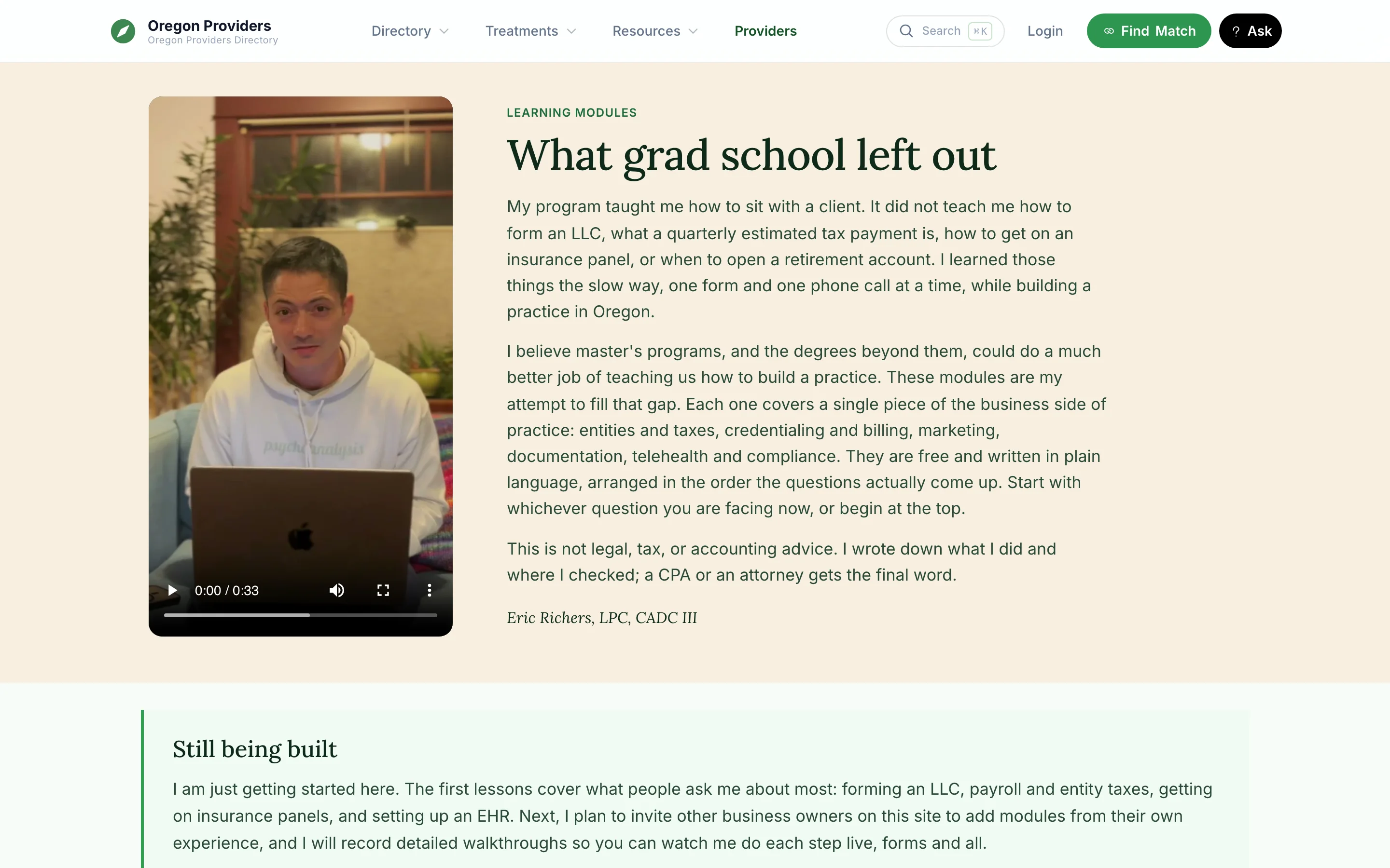 The Learning Modules page, headed What grad school left out, with an intro video