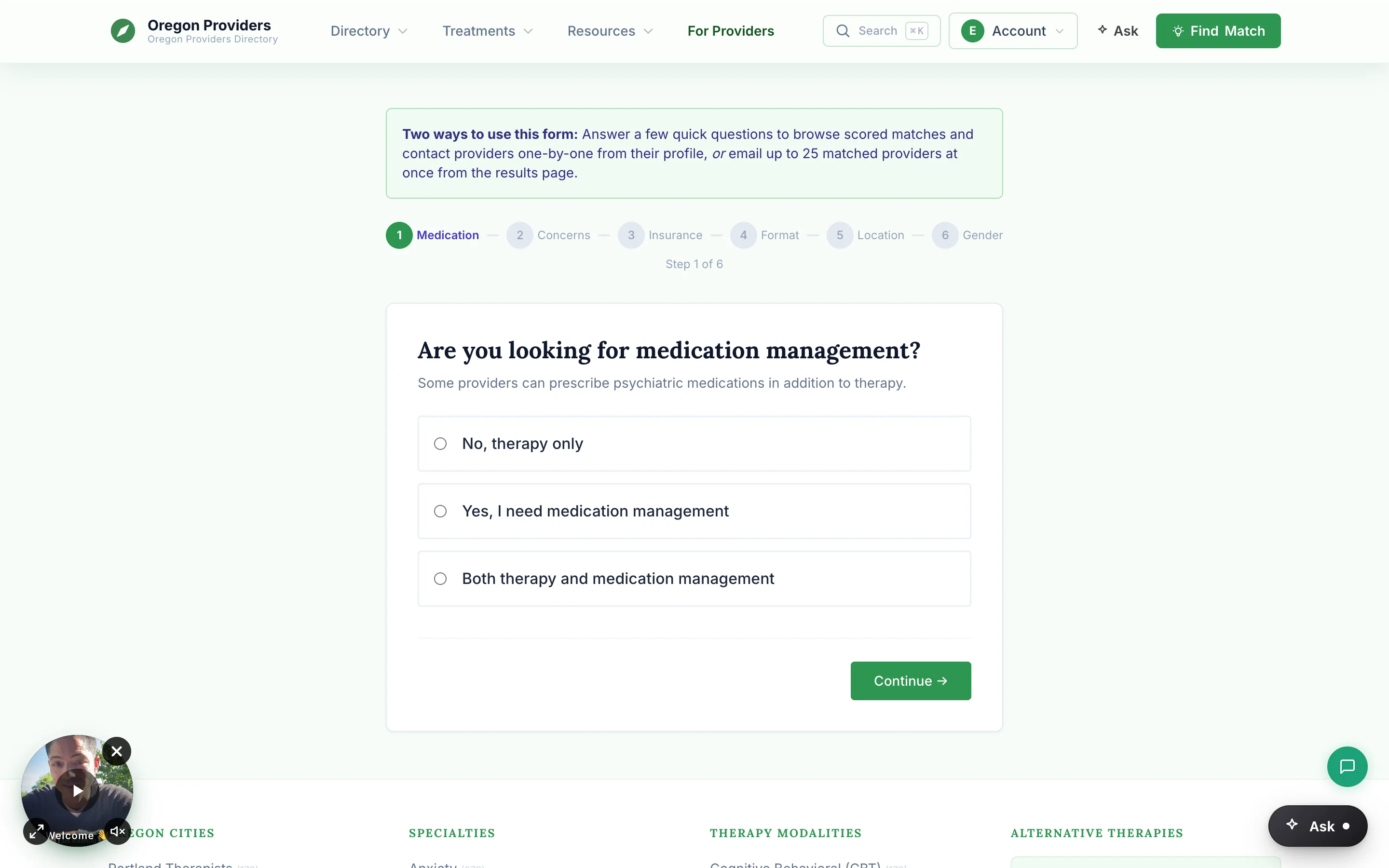 The guided match quiz asking the client what kind of support they're looking for, with simple choice buttons