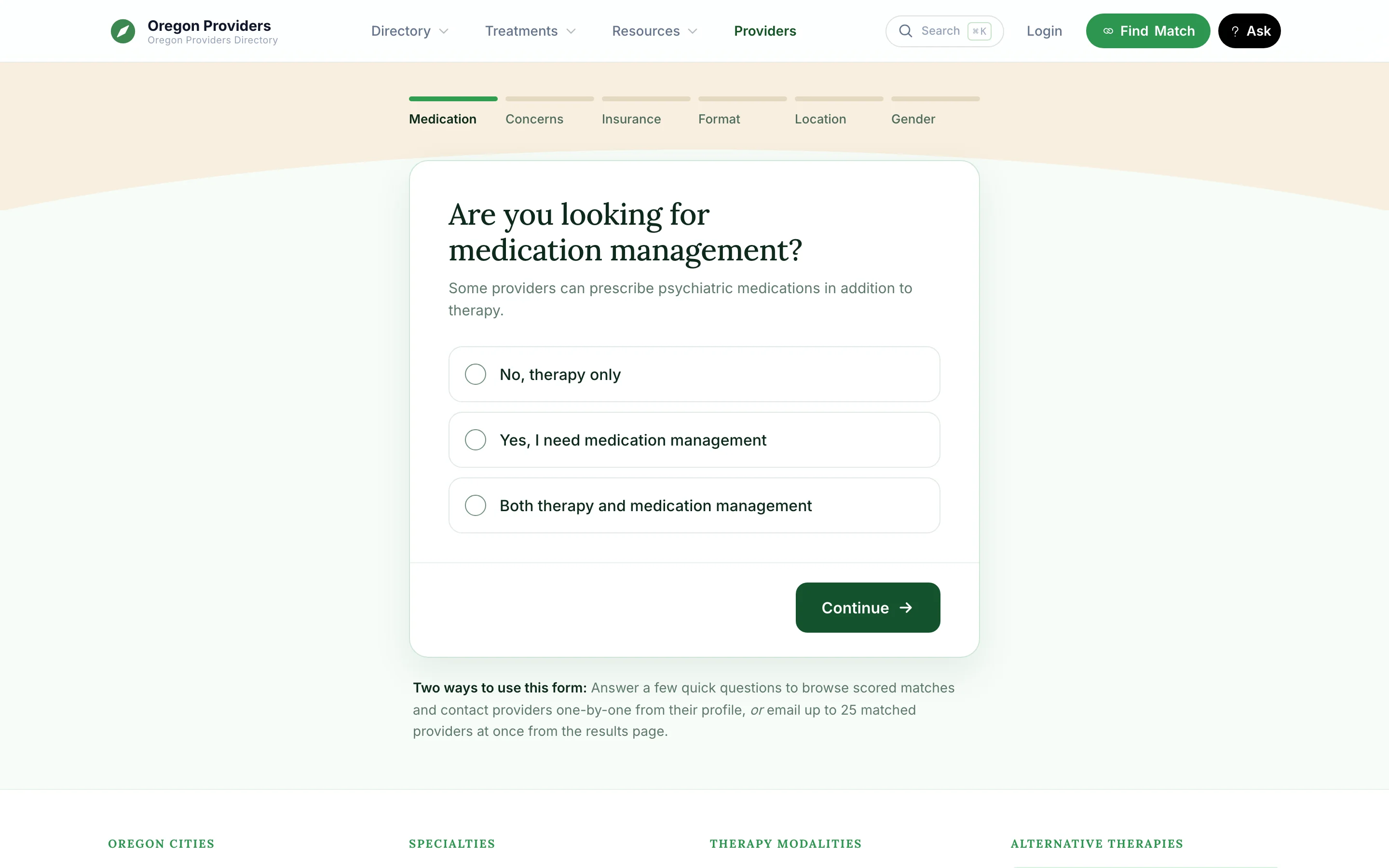 The match quiz asking whether the client is looking for medication management, with three answer choices