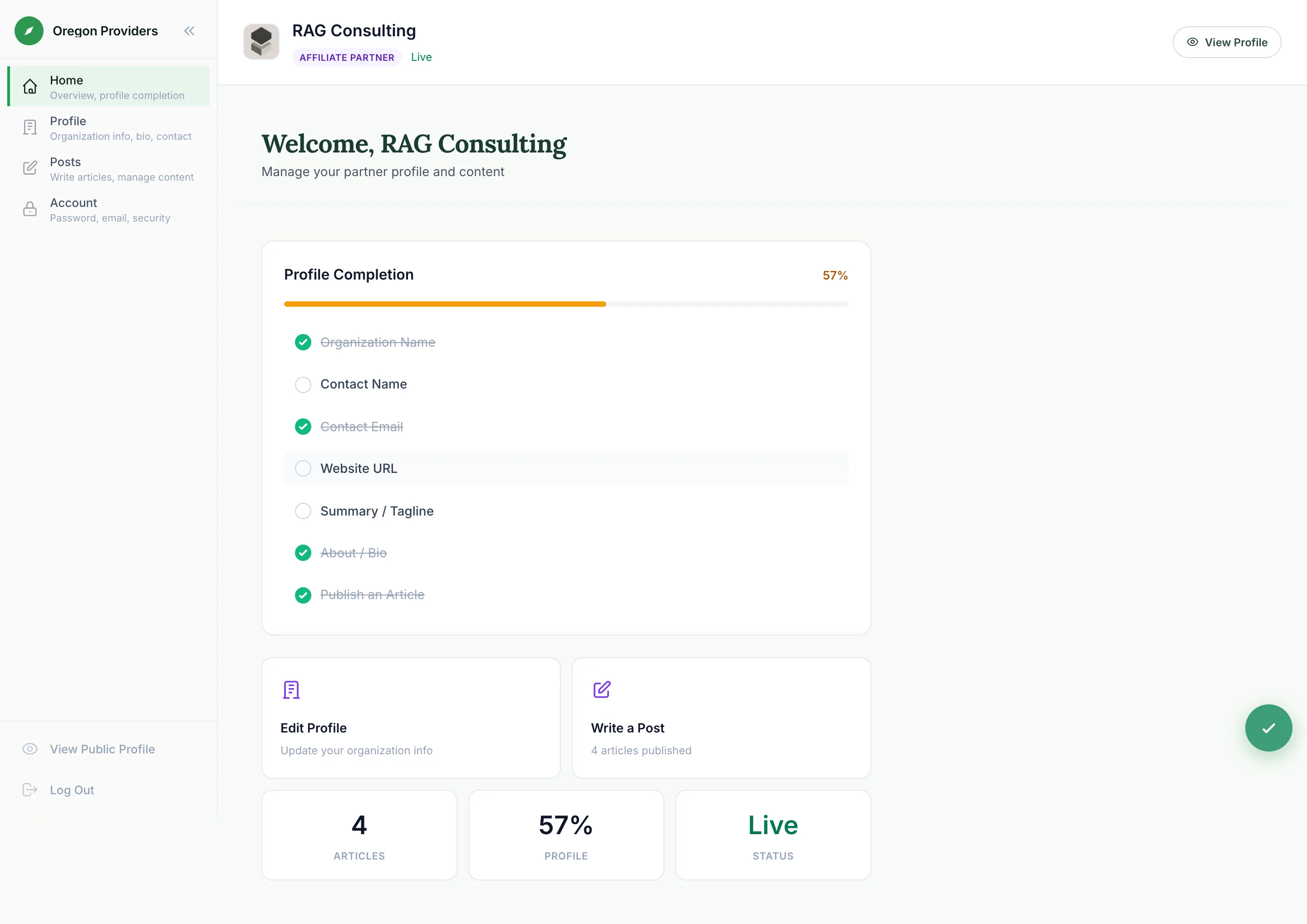 Partner home with a public profile switch, a Mental Health Store panel, and a profile completion checklist