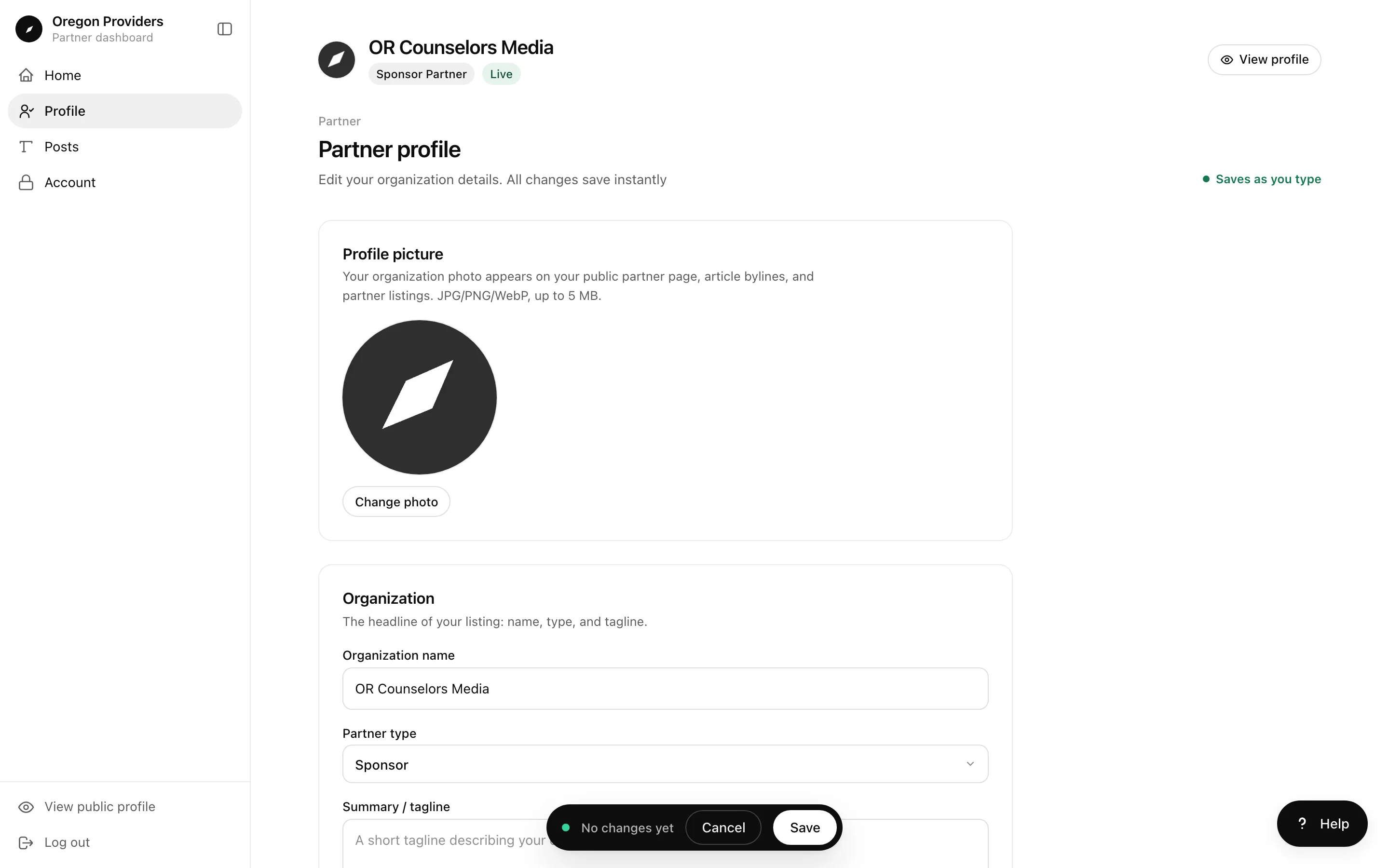 Partner profile editor with the organization photo, name, partner type, and tagline fields
