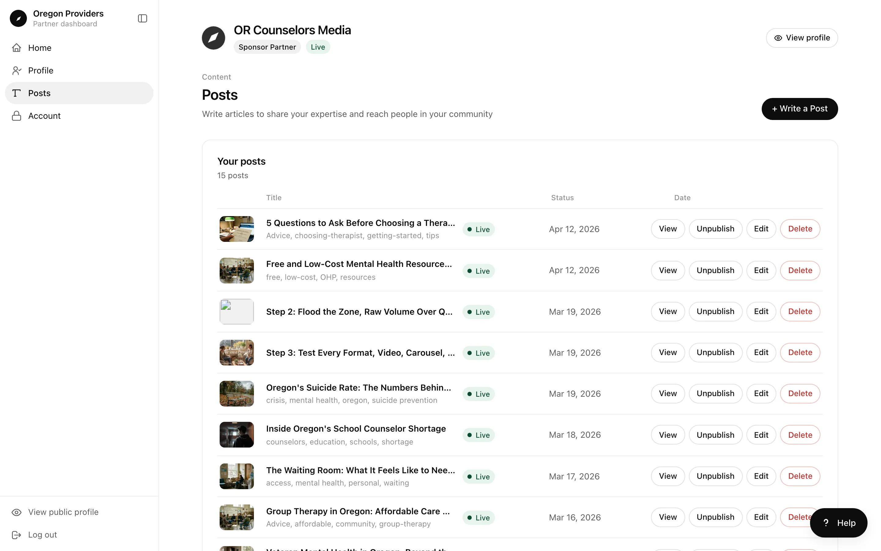 Partner posts list with View, Unpublish, Edit, and Delete buttons on each article