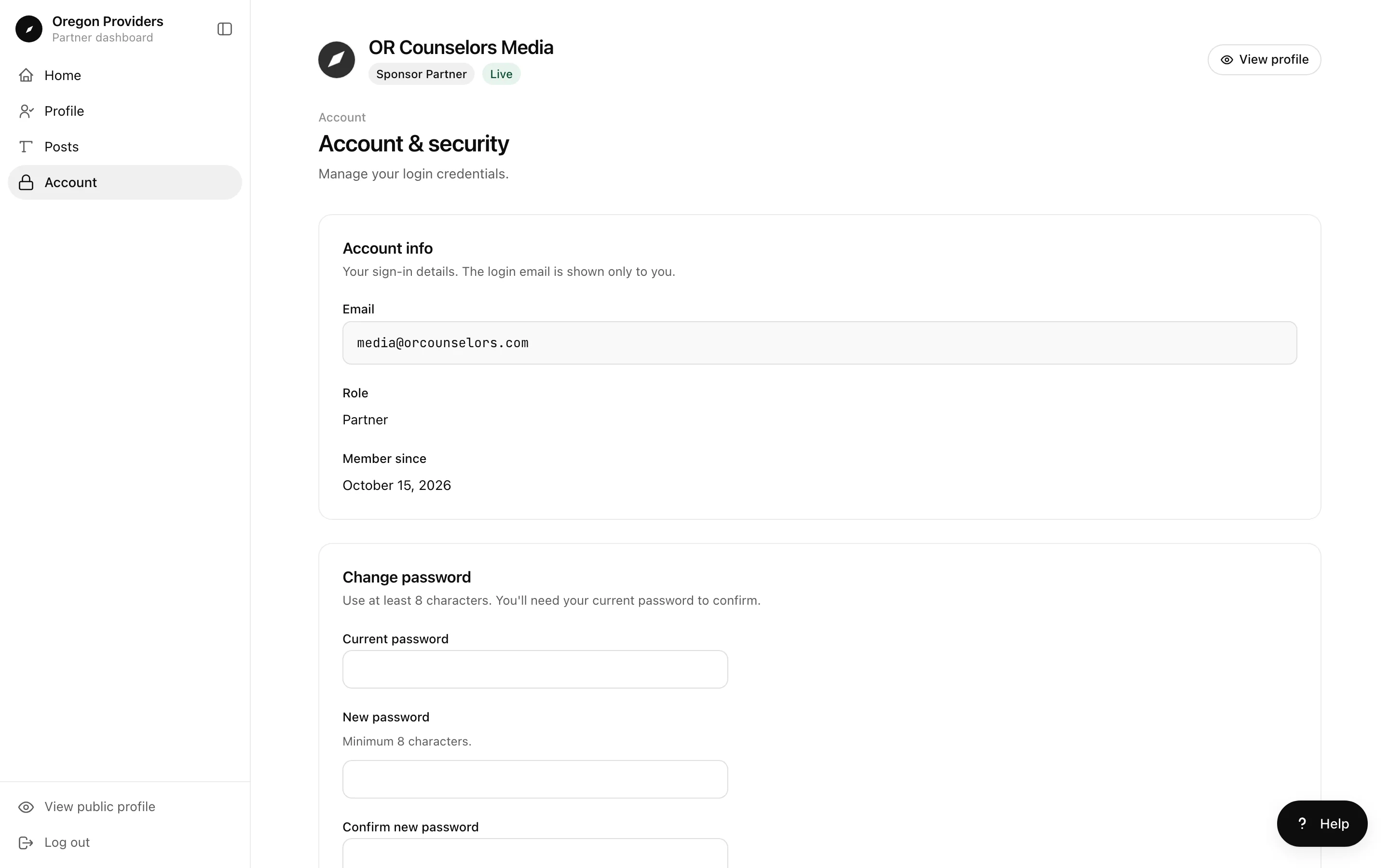Partner account screen with the login email, role, and a change password form