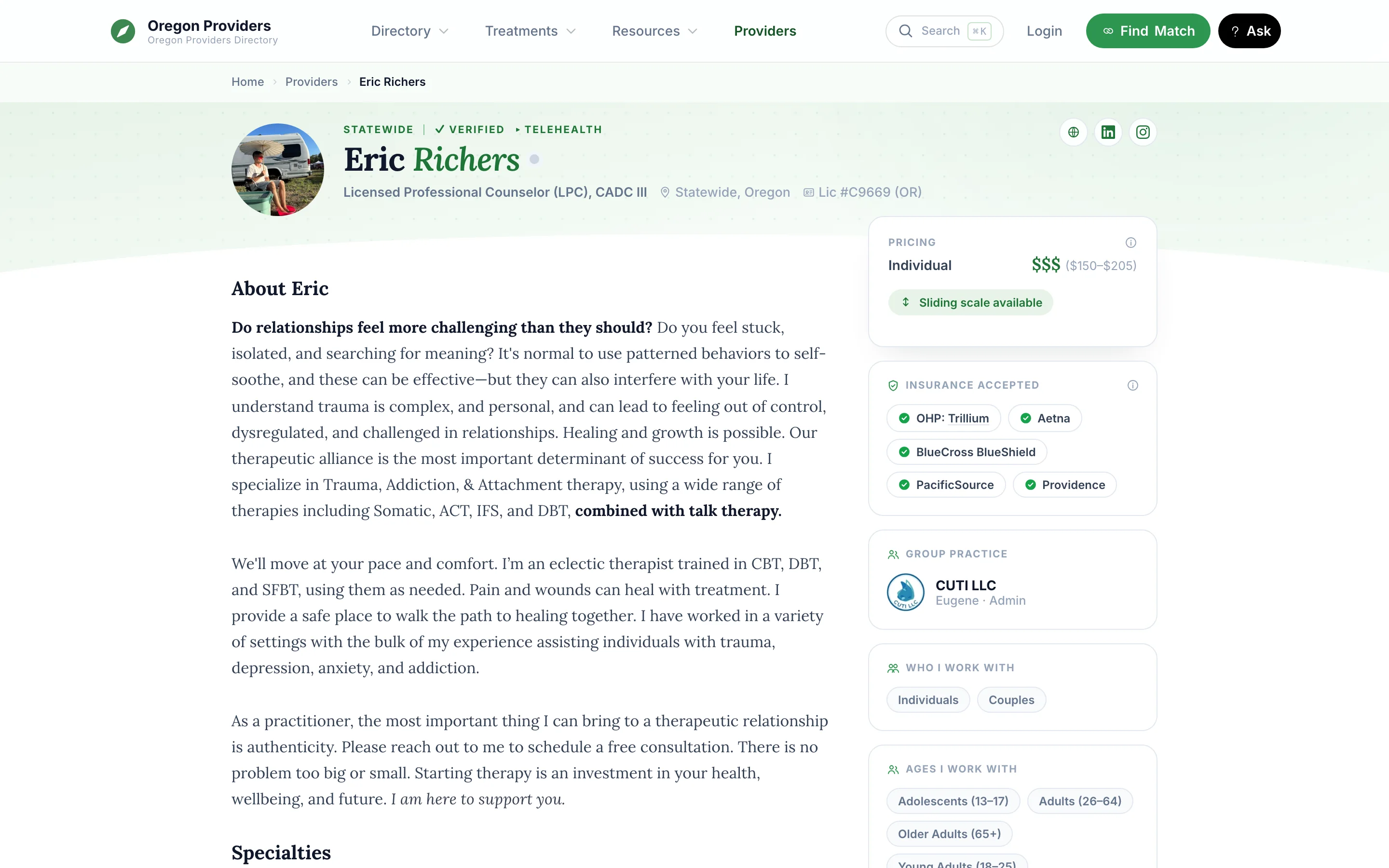 A provider profile with the name, license number, and Verified label at the top, an About section, and side panels for pricing, insurance, practice, and who the provider works with