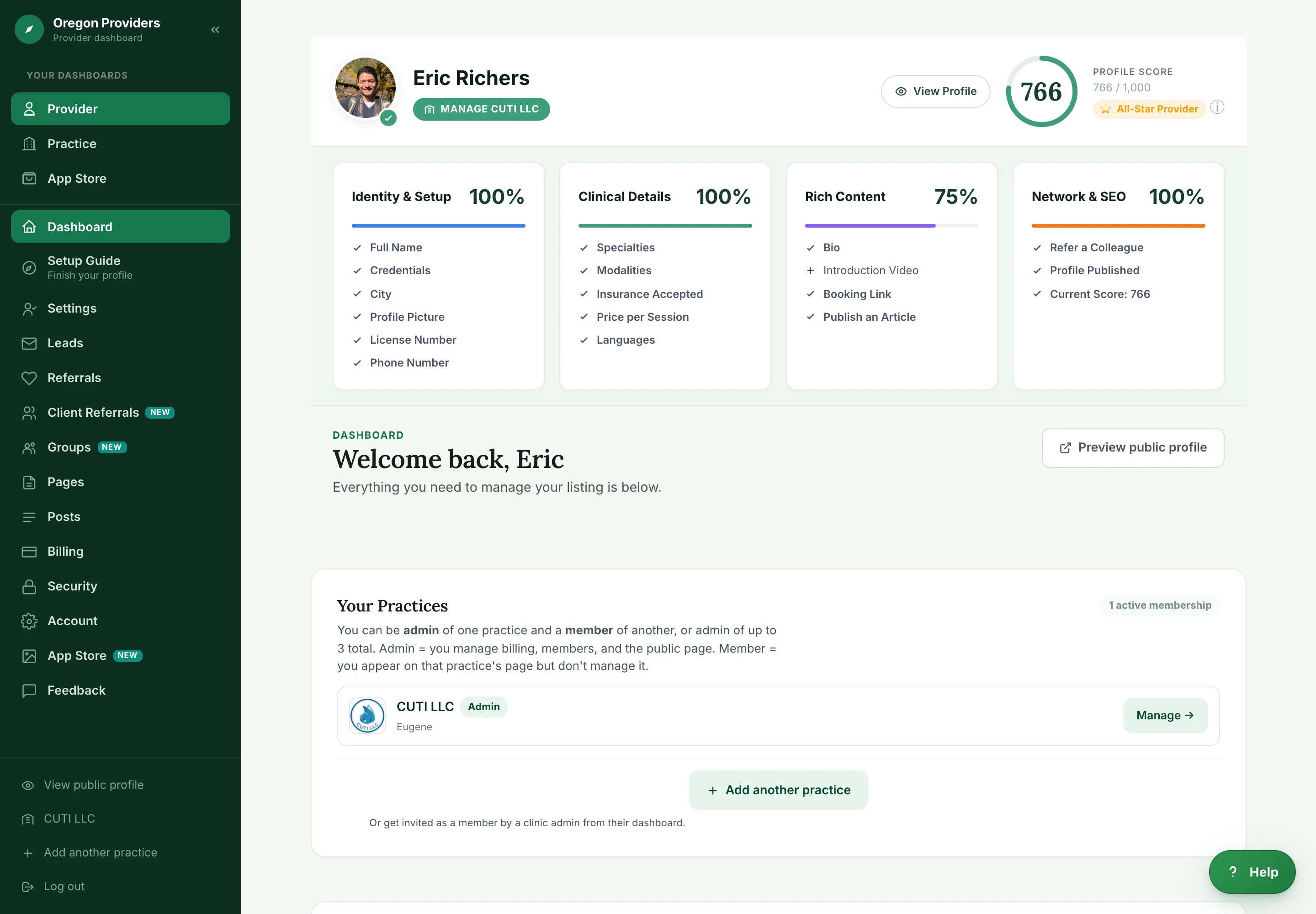 A solo provider's dashboard showing the profile completeness score out of 1000 and health-score cards pointing to the next fields to fill in