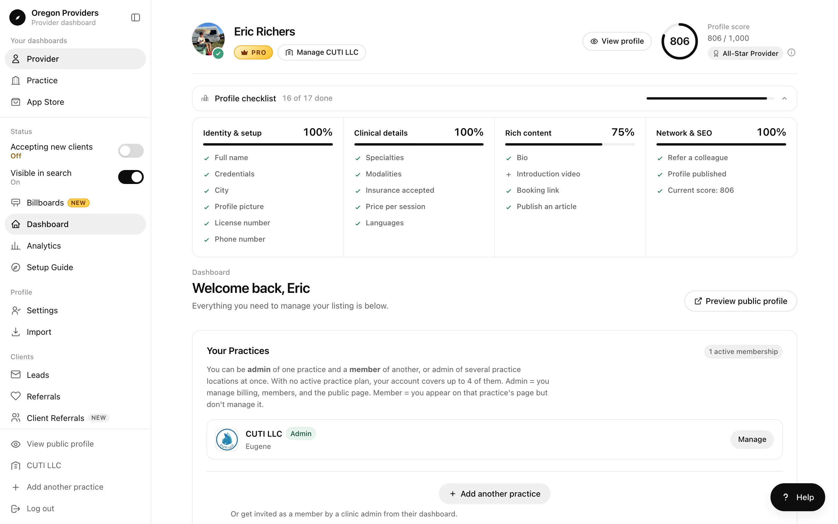 Provider dashboard with the profile score, a checklist grouped into four areas, and the practices the provider belongs to