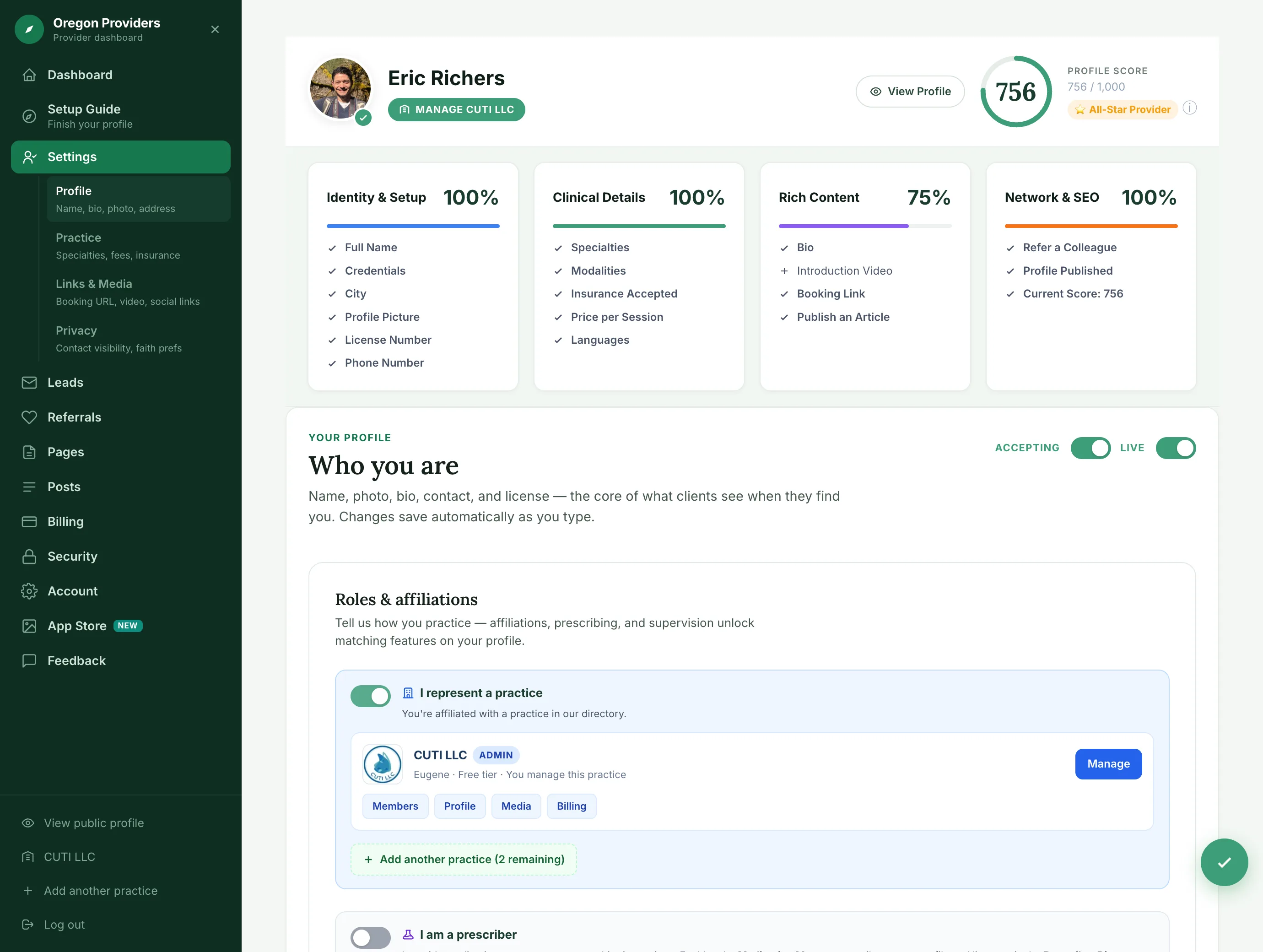Profile settings with the Accepting new clients and Visible in search switches beside the page title and under Status in the sidebar, and role switches for practice, prescriber, and supervisor