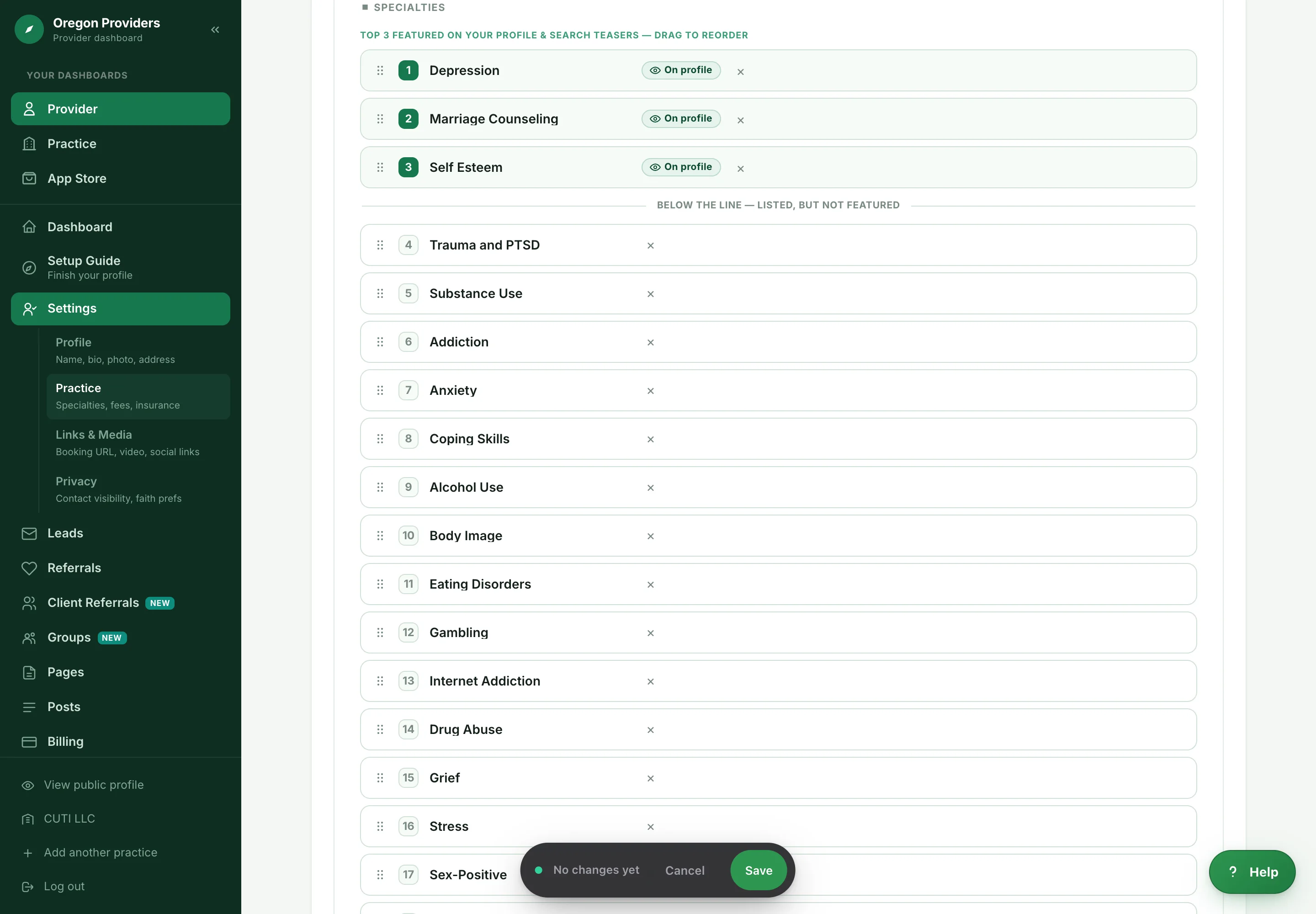 The Practice tab's specialties editor: a numbered, drag-to-reorder list of therapy specialties with the first three marked as featured on the public profile