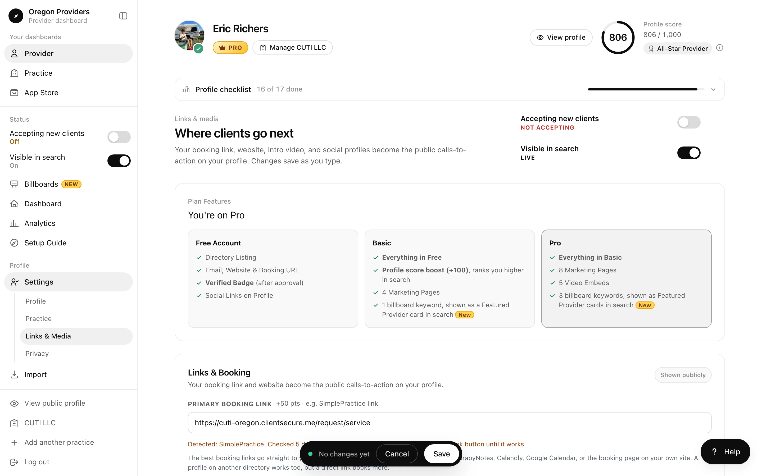 Links and media screen with plan features and a booking link field that checks the link works