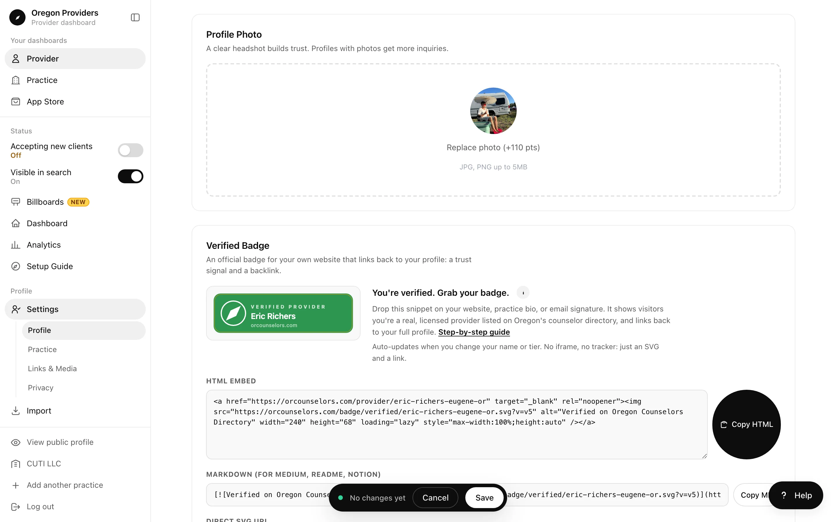 Profile photo uploader above a Verified badge preview with HTML, Markdown, and image link snippets to copy