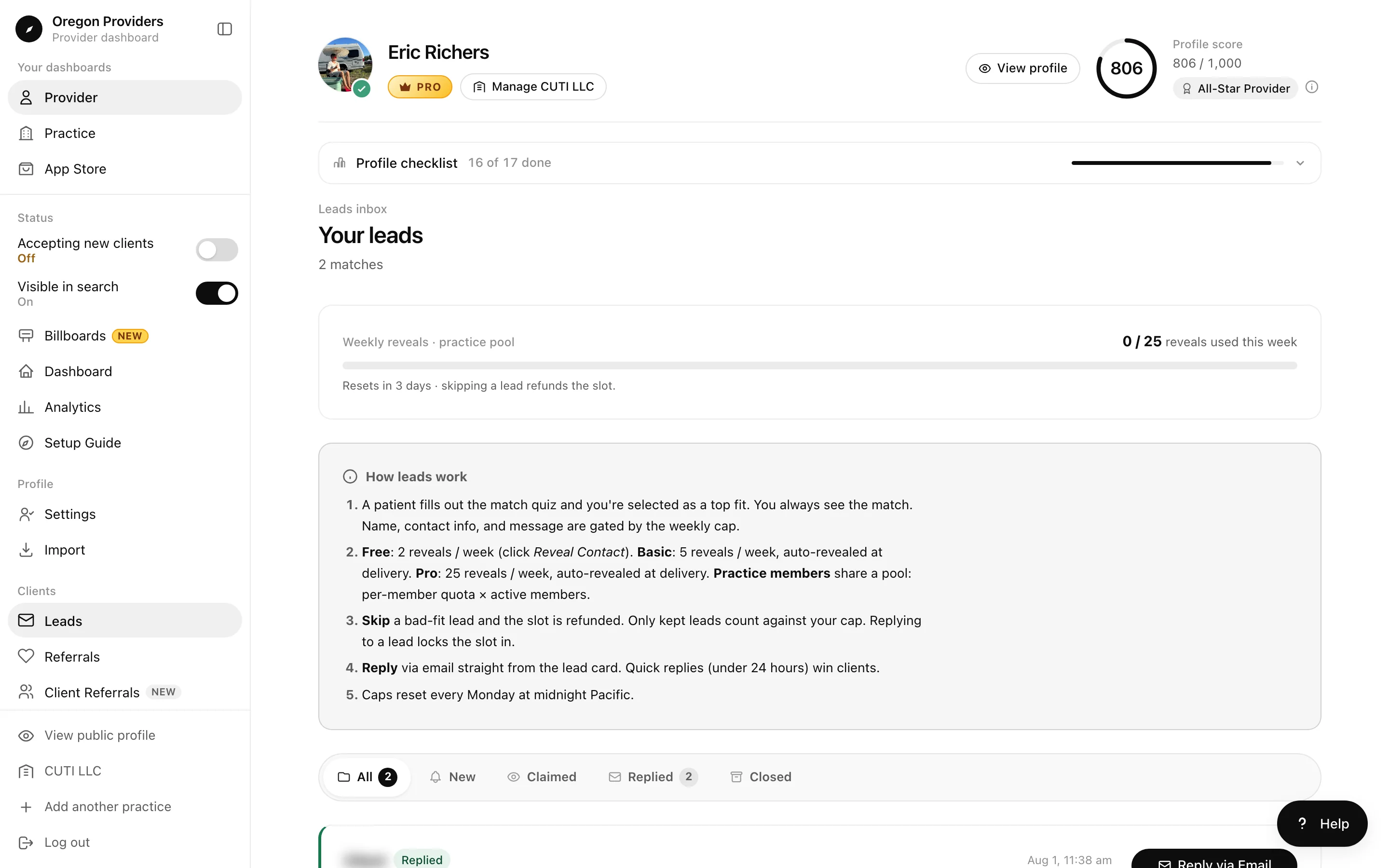 Leads inbox with the weekly reveal count, a How leads work panel, and status filters above a test lead