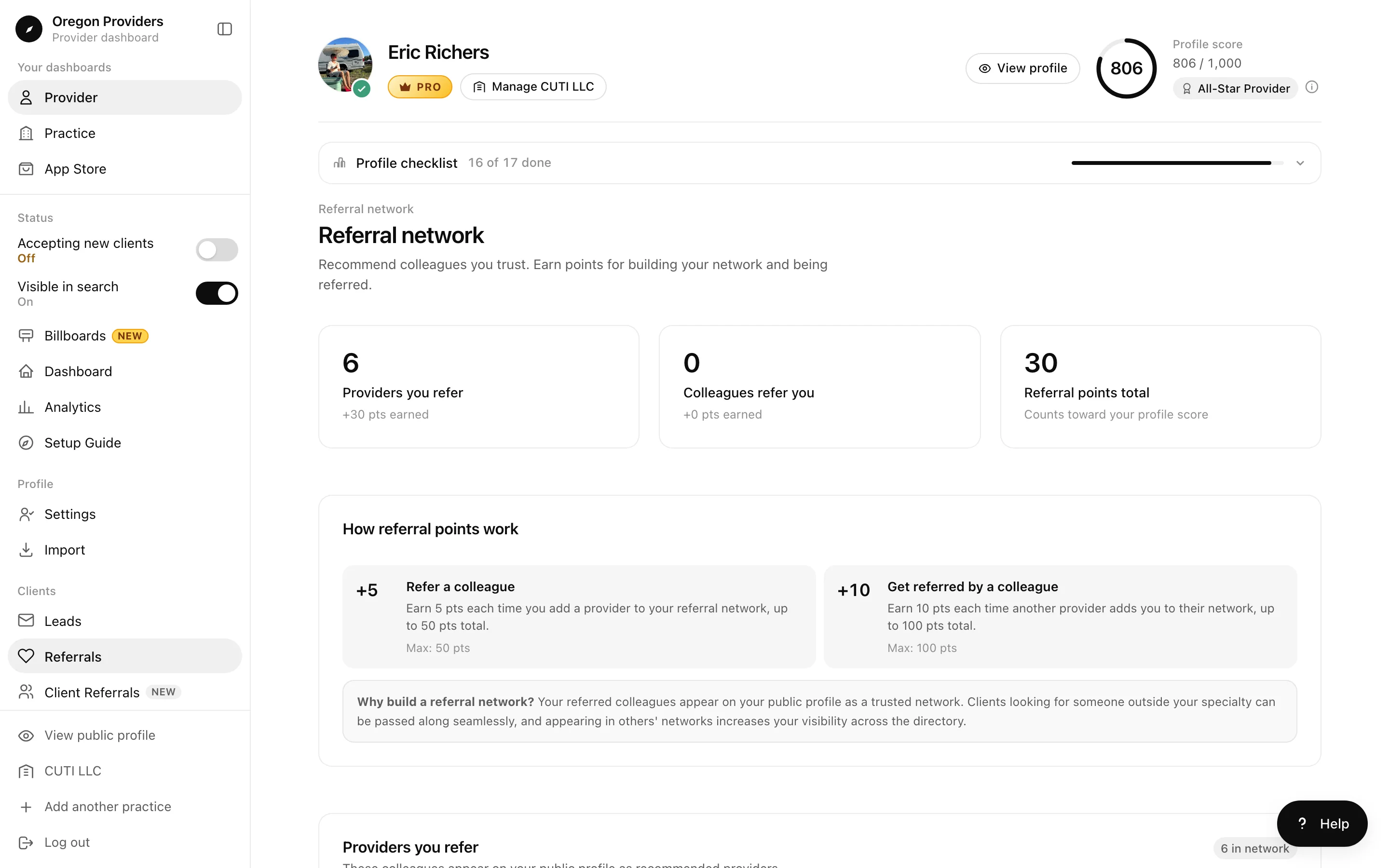 Referral network screen with counts of providers referred and referral points, and how the points work