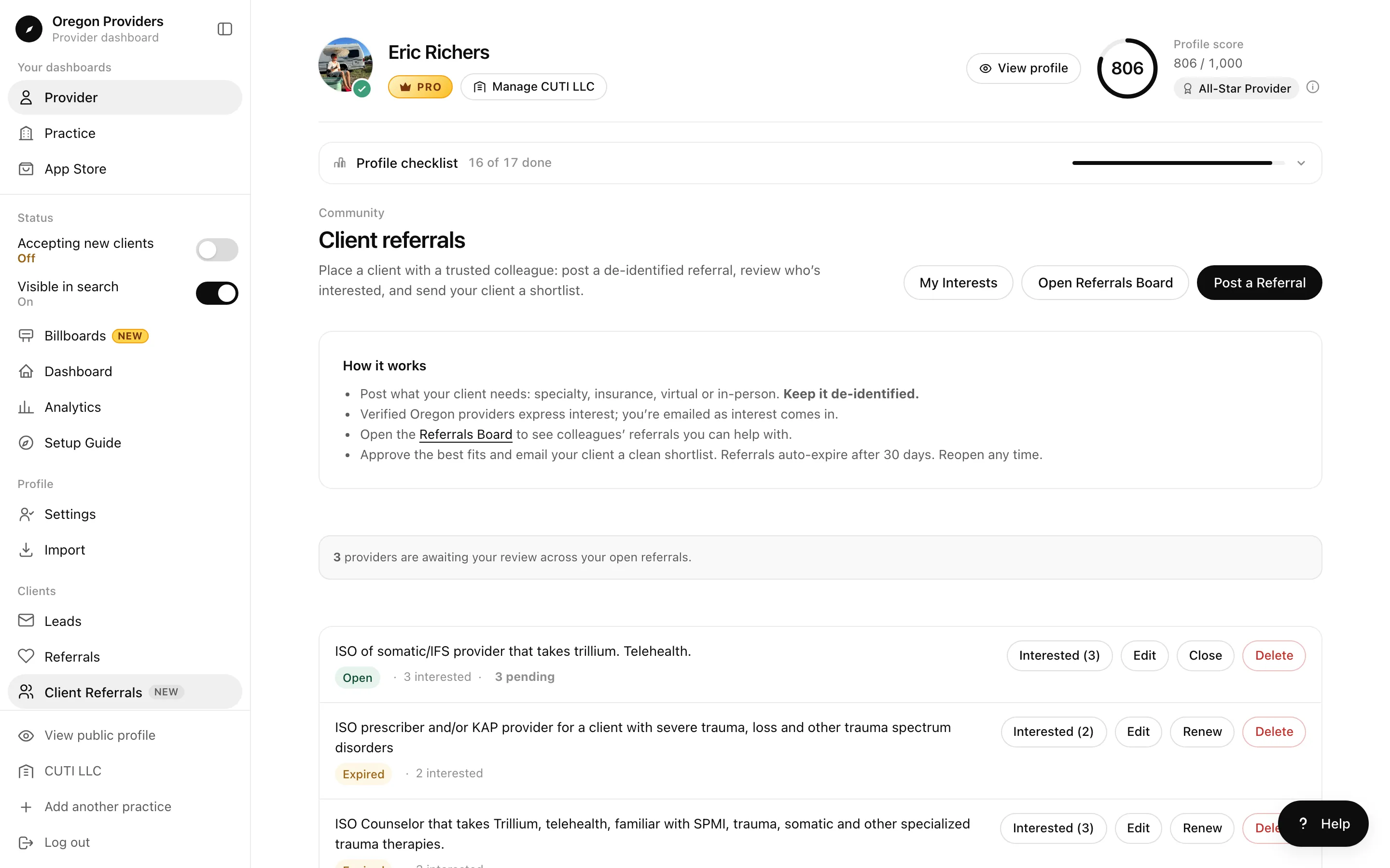 Client referrals tab listing three de-identified referrals with interested counts and Edit, Close, and Renew buttons
