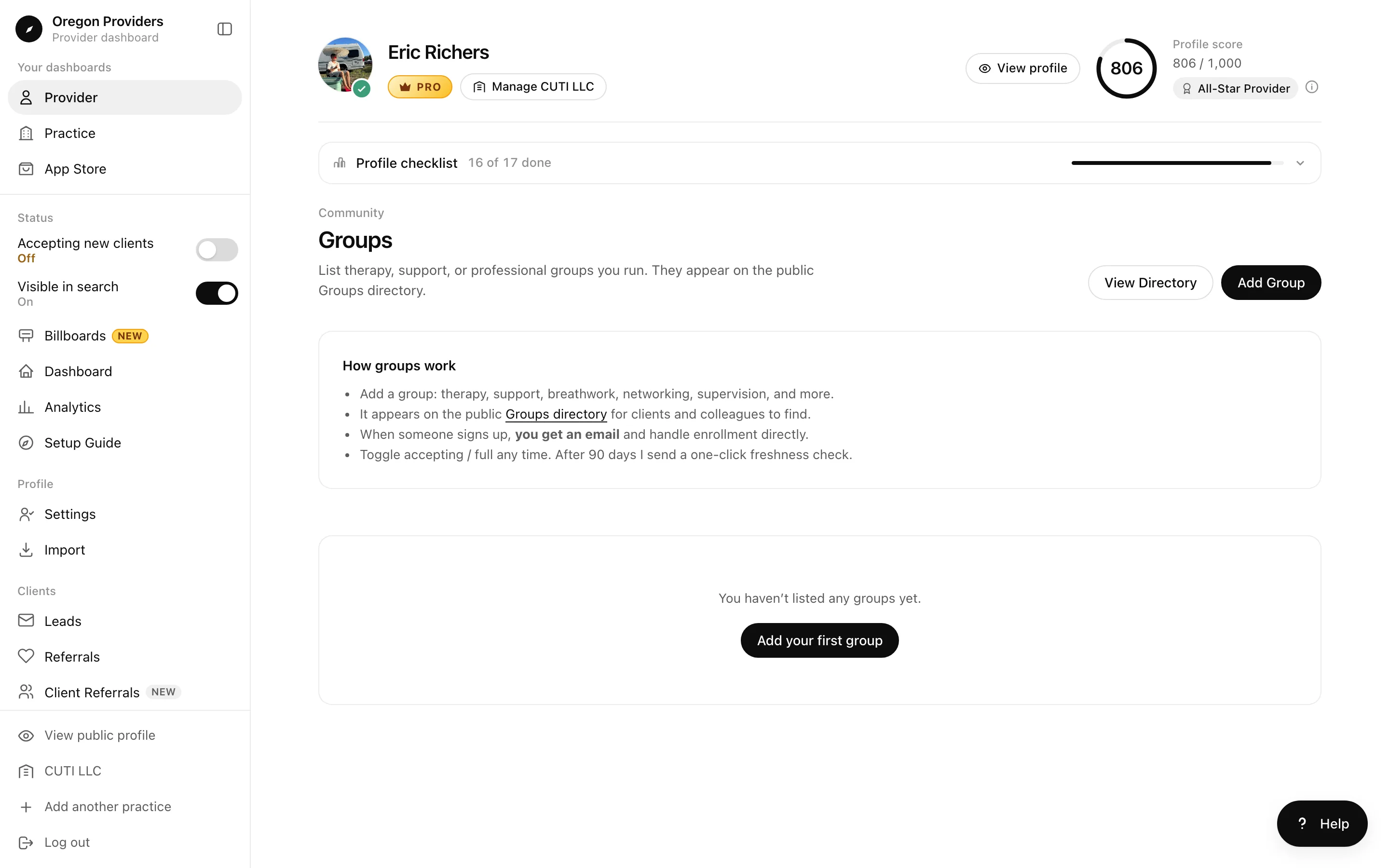 Groups tab in the provider dashboard with a How groups work panel and an Add your first group button