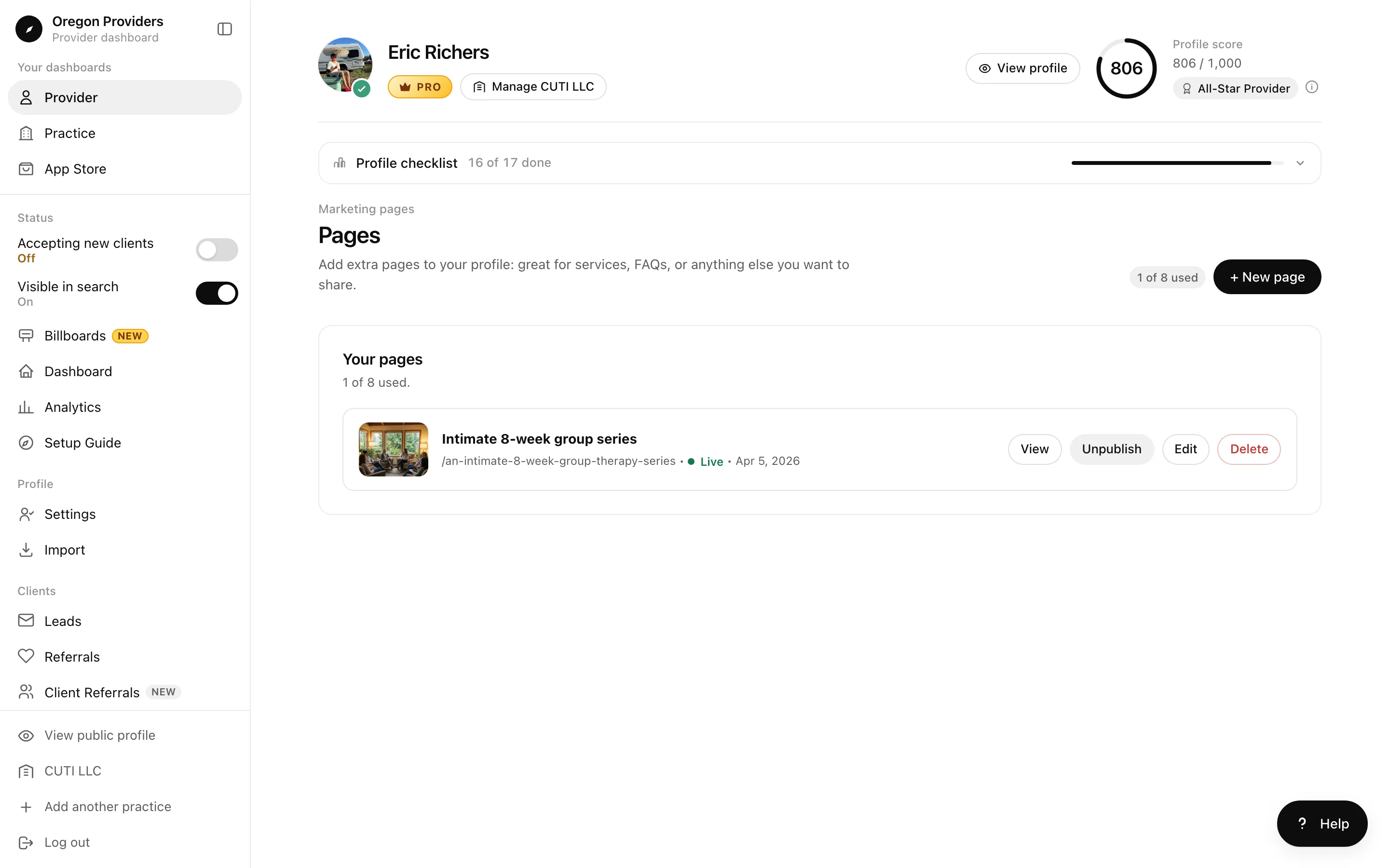 Pages screen listing one published page with View, Unpublish, Edit, and Delete buttons