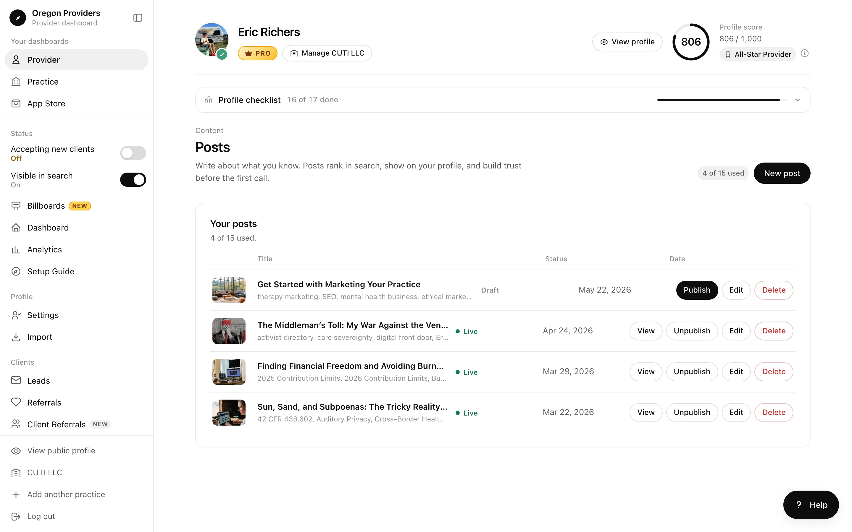 Posts screen listing a draft and three live articles with publish and edit controls