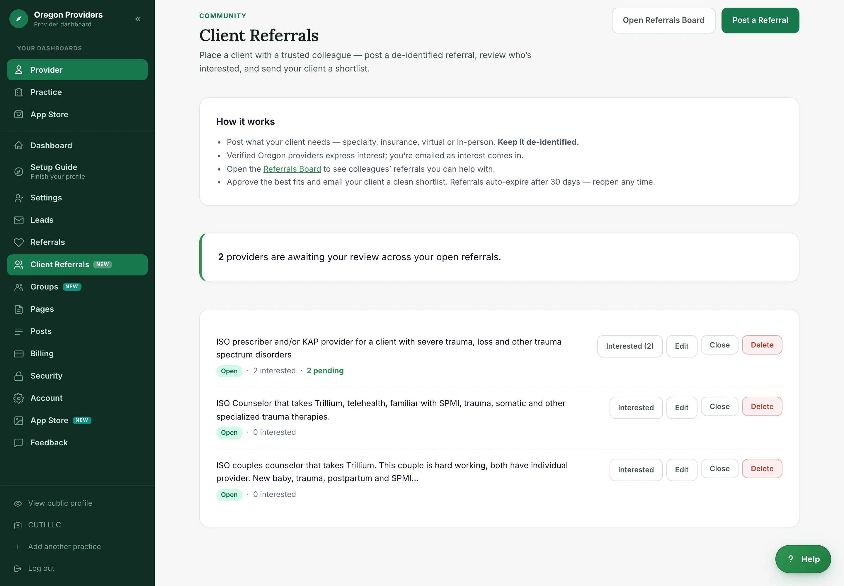 The manage view of a referral showing the interested colleagues with Approve and Remove buttons and an approved column