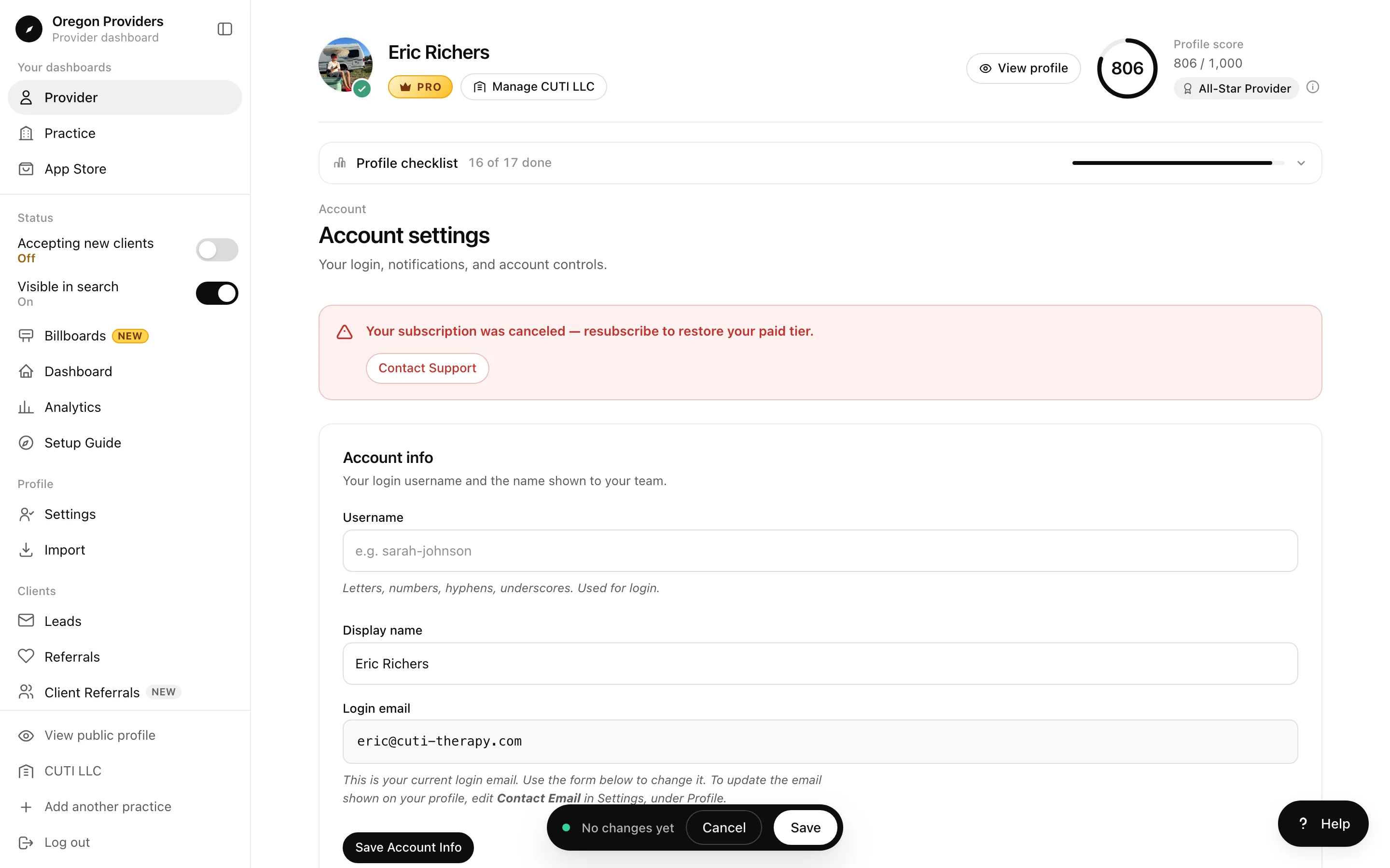 Account settings with username, display name, and login email fields
