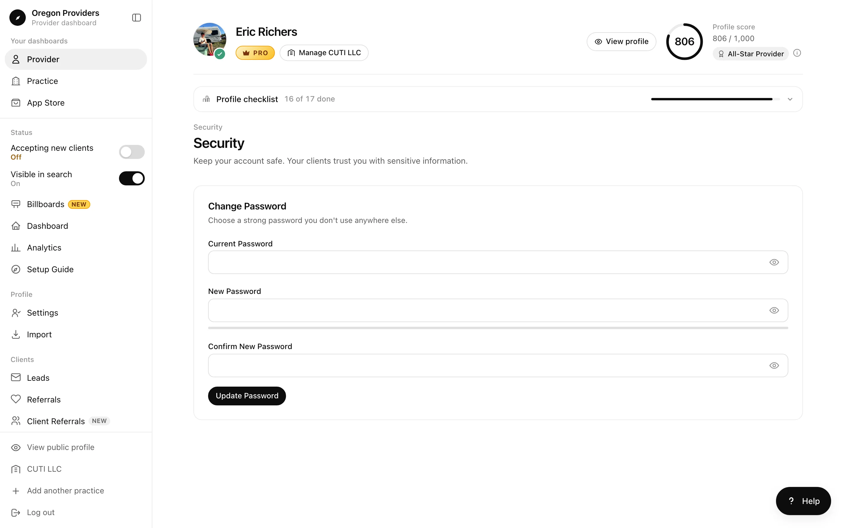 Security screen with current, new, and confirm password fields and an Update Password button