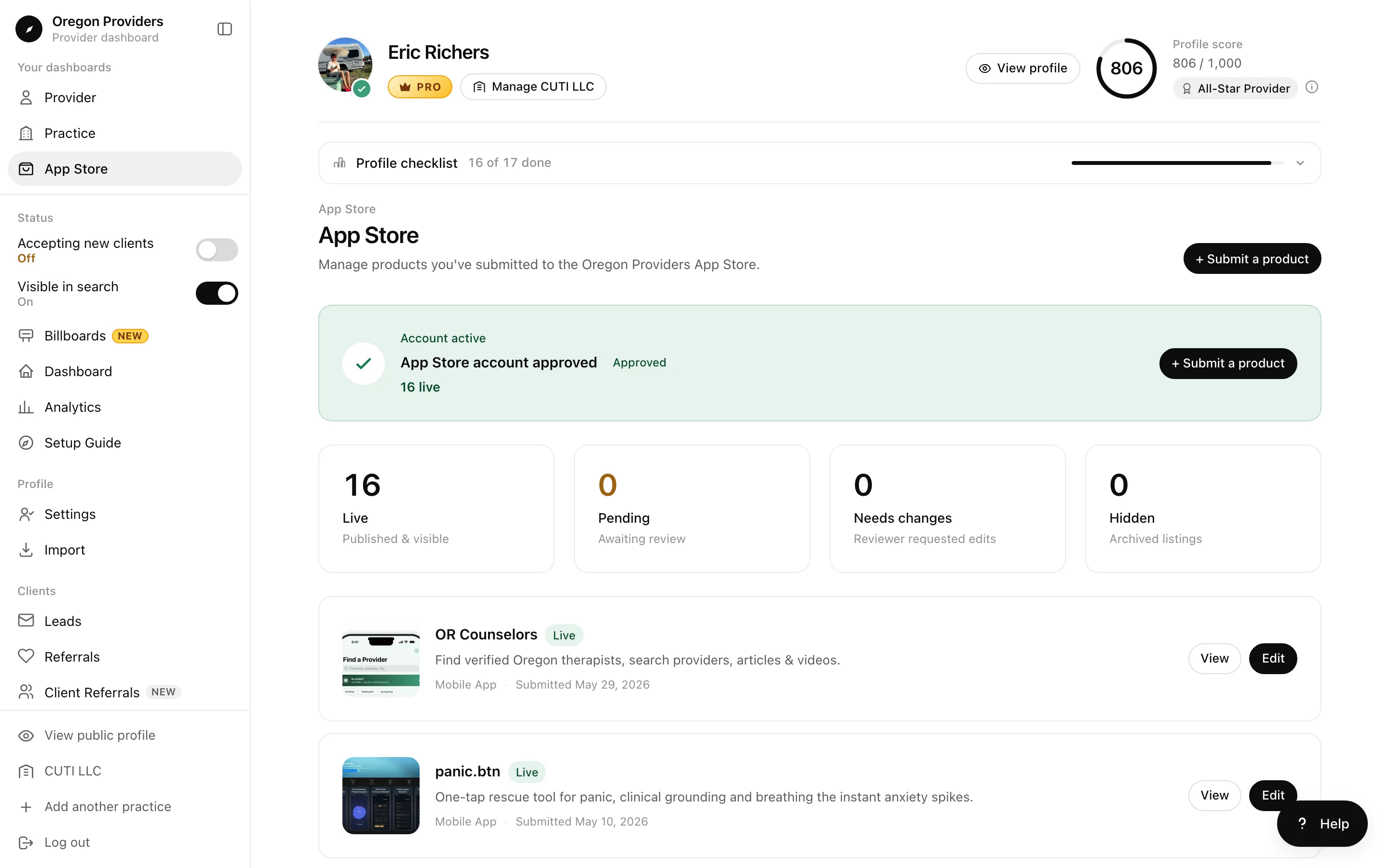 Mental Health Store tab in the dashboard with counts for live, pending, needs changes, and hidden products