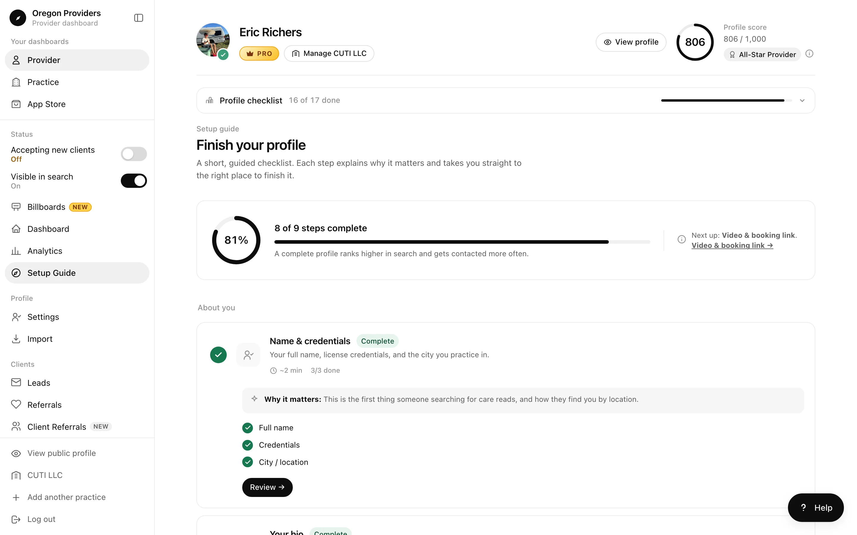 Setup guide showing steps complete, the next step, and a Name and credentials card with a Review button