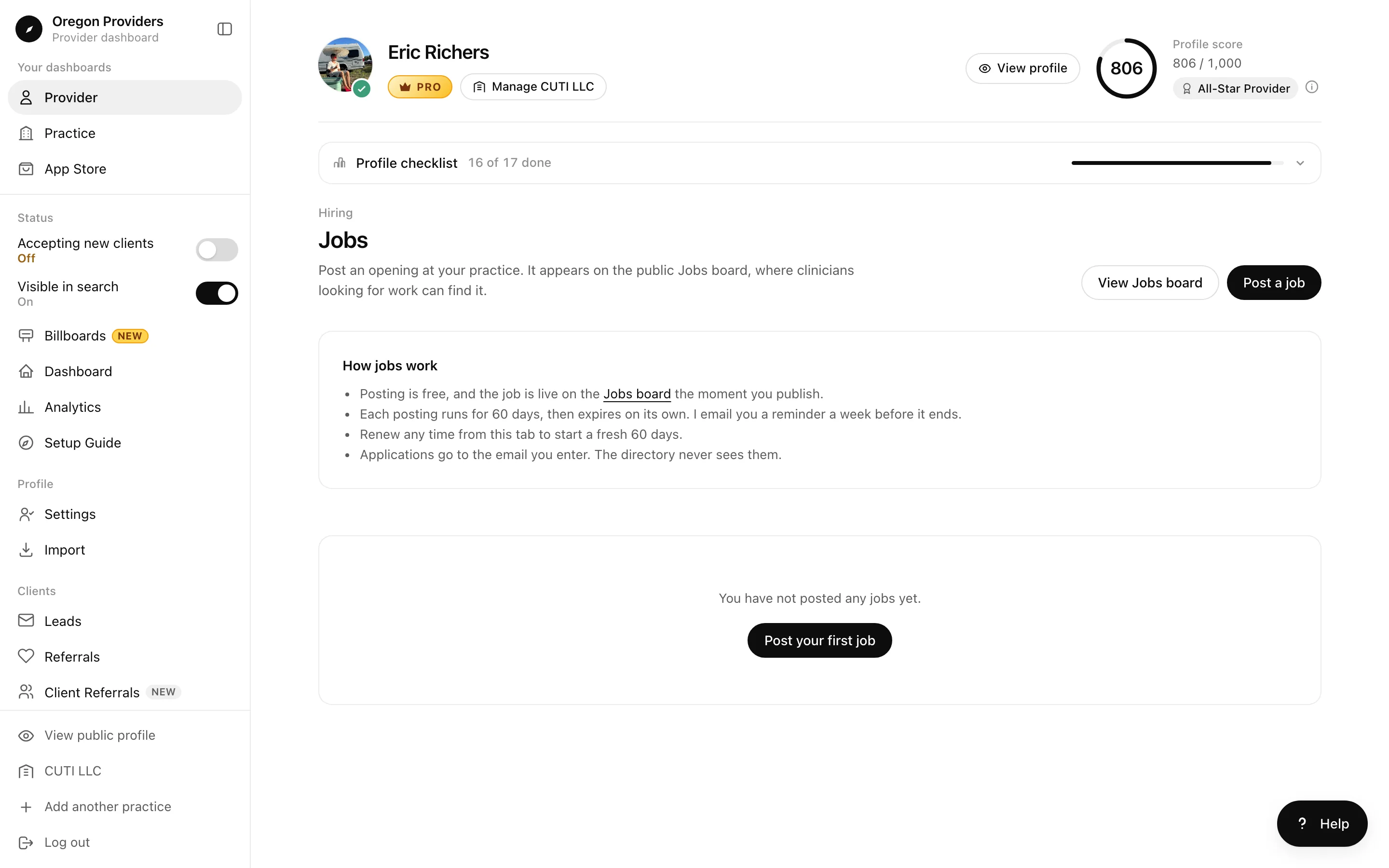 Jobs tab in the provider dashboard with a How jobs work panel and a Post your first job button