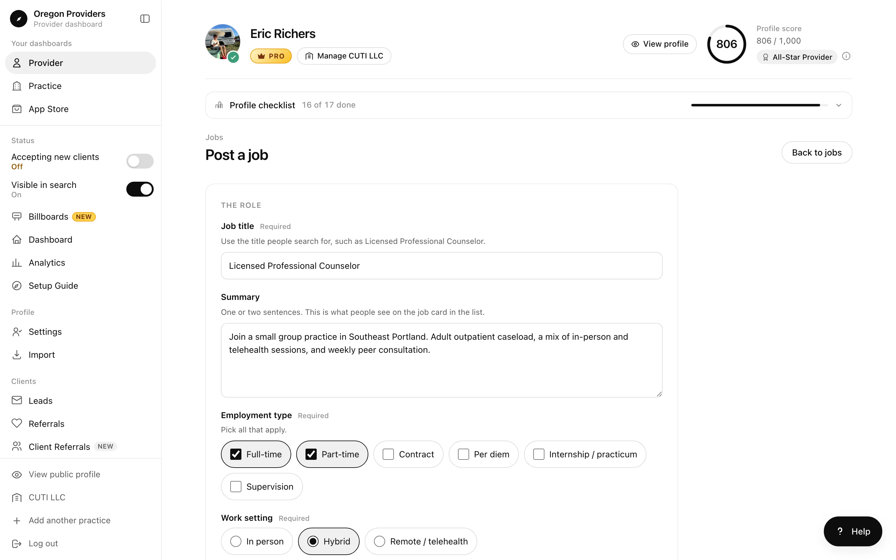 Post a job form with a job title, a two-sentence summary, Full-time and Part-time ticked as the employment type, and Hybrid chosen as the work setting